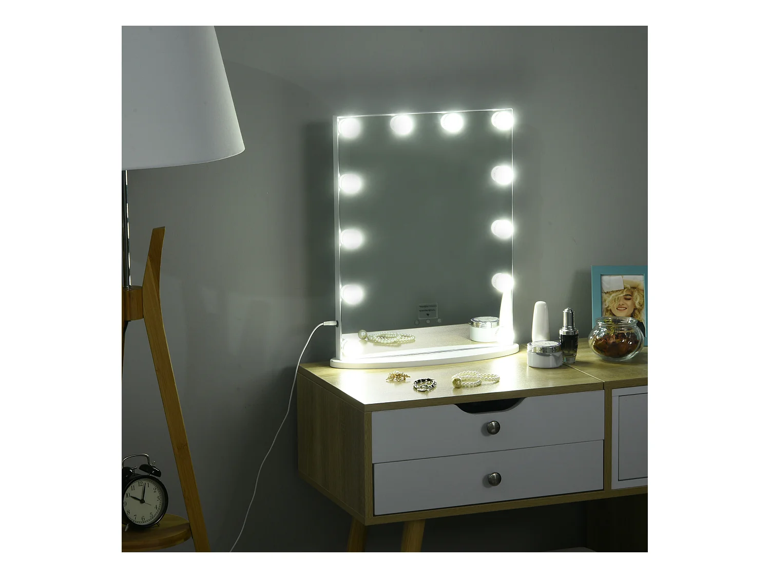 Miroir maquillage Hollywood lumineux LED intensité réglable pour coiffeuse dim. 41L x 13P x 51H