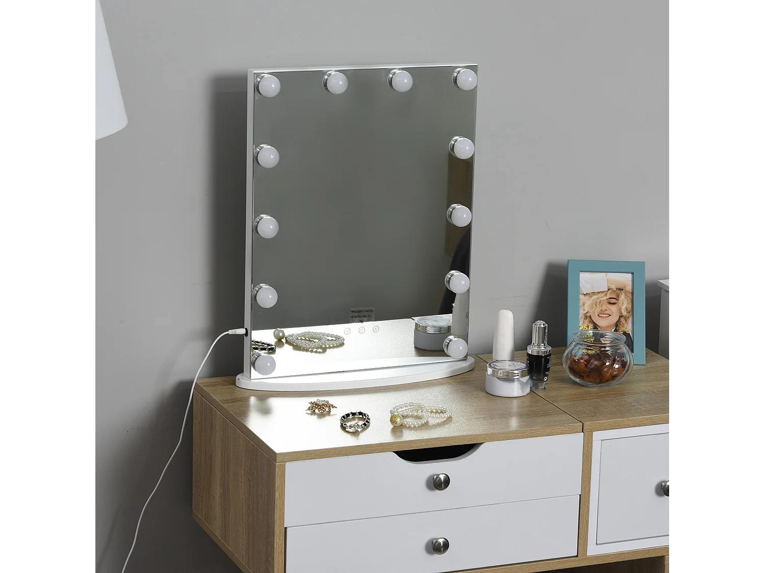 Miroir maquillage Hollywood lumineux LED intensité réglable pour coiffeuse dim. 41L x 13P x 51H