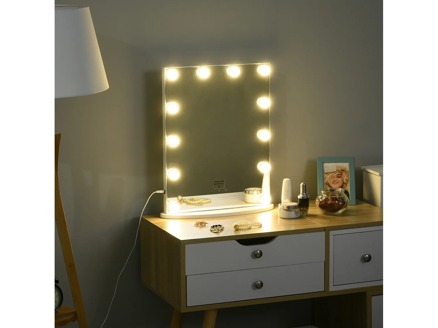 Miroir maquillage Hollywood lumineux LED intensité réglable pour coiffeuse dim. 41L x 13P x 51H