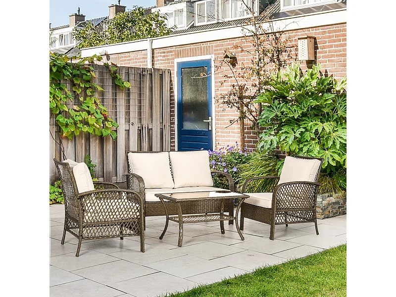 Salon de jardin 4 places 4 pièces style colonial table basse coussins beige inclus résine tressée marron