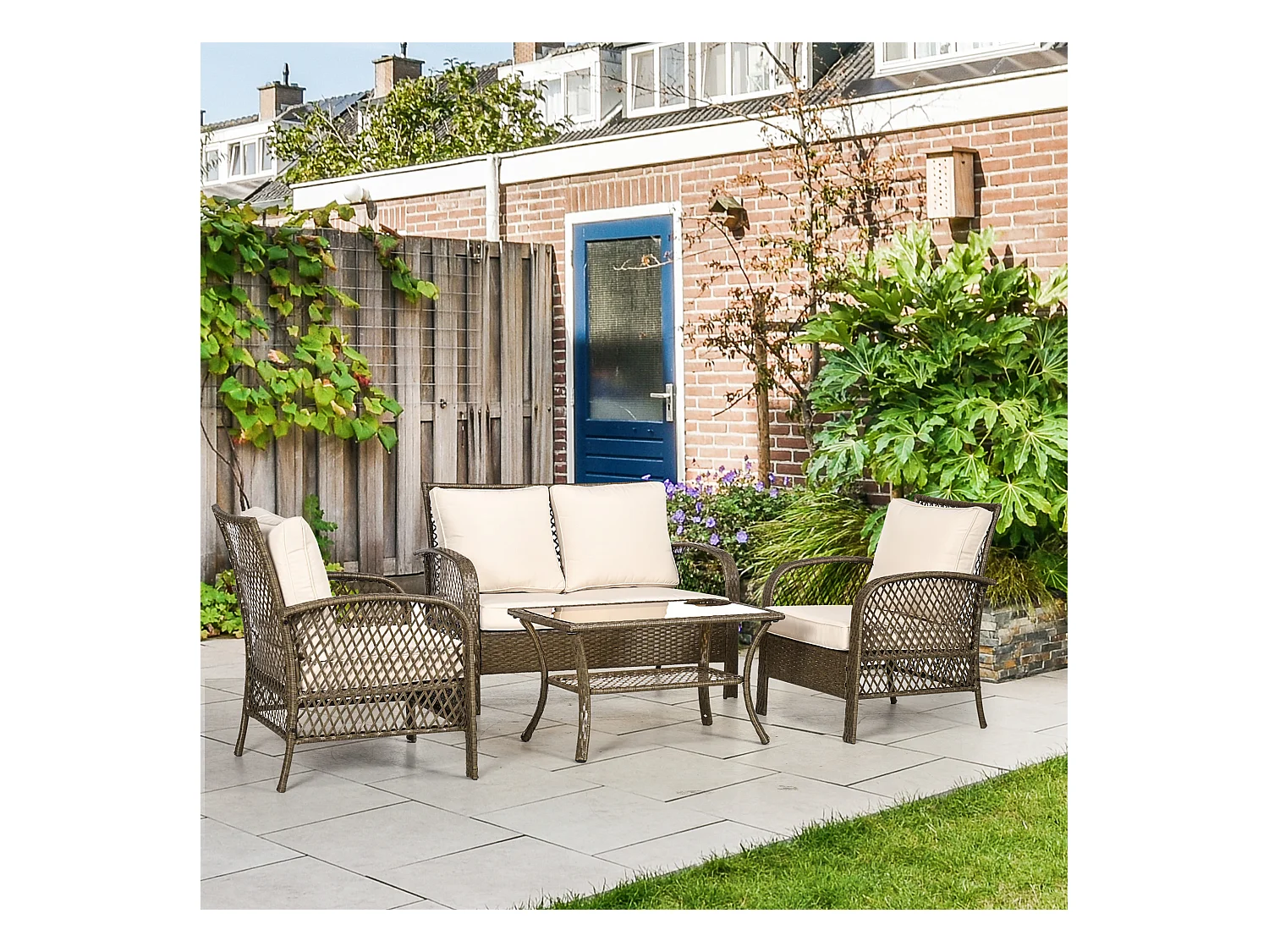 Salon de jardin 4 places 4 pièces style colonial table basse coussins beige inclus résine tressée marron