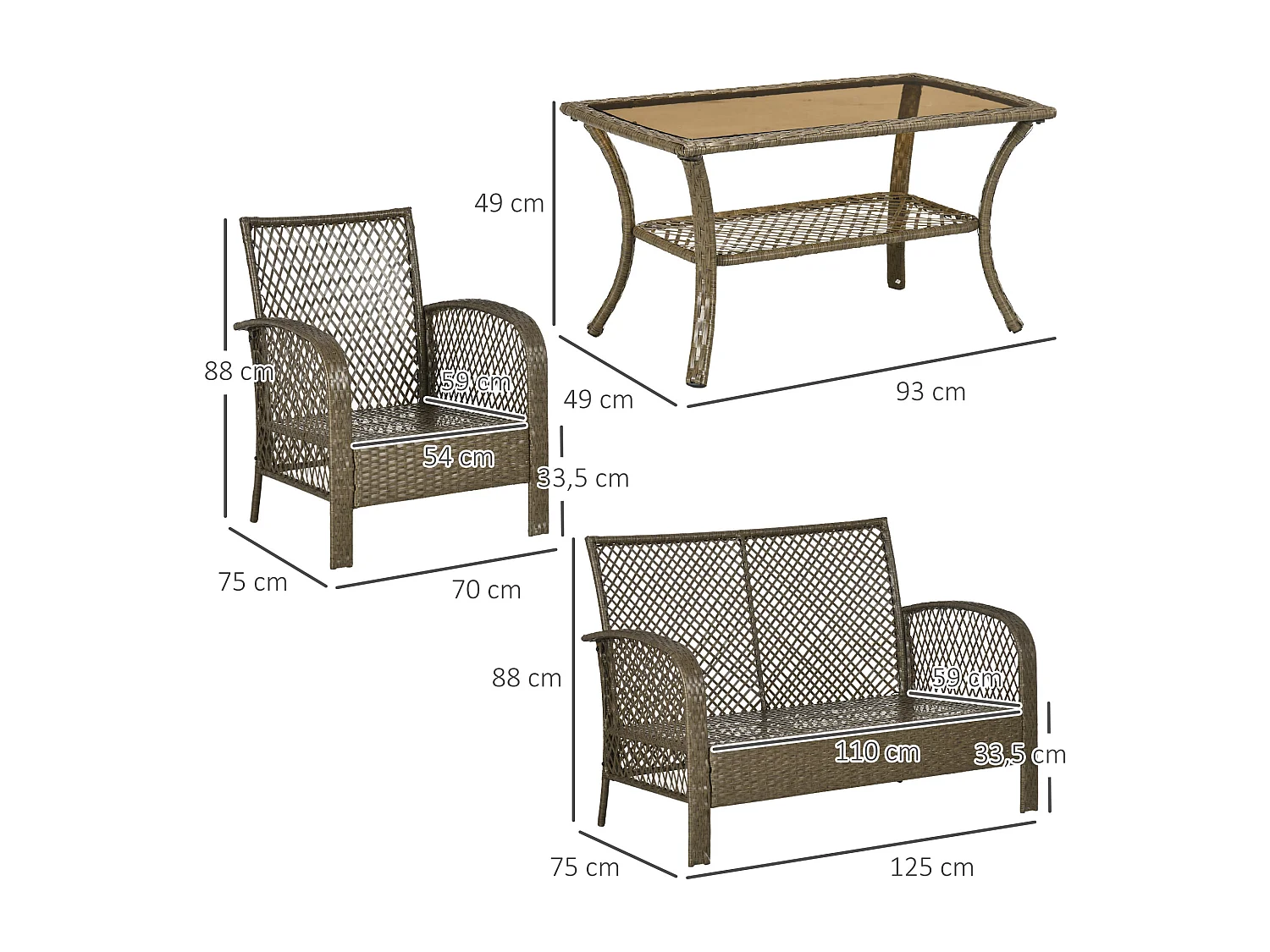 Salon de jardin 4 places 4 pièces style colonial table basse coussins beige inclus résine tressée marron