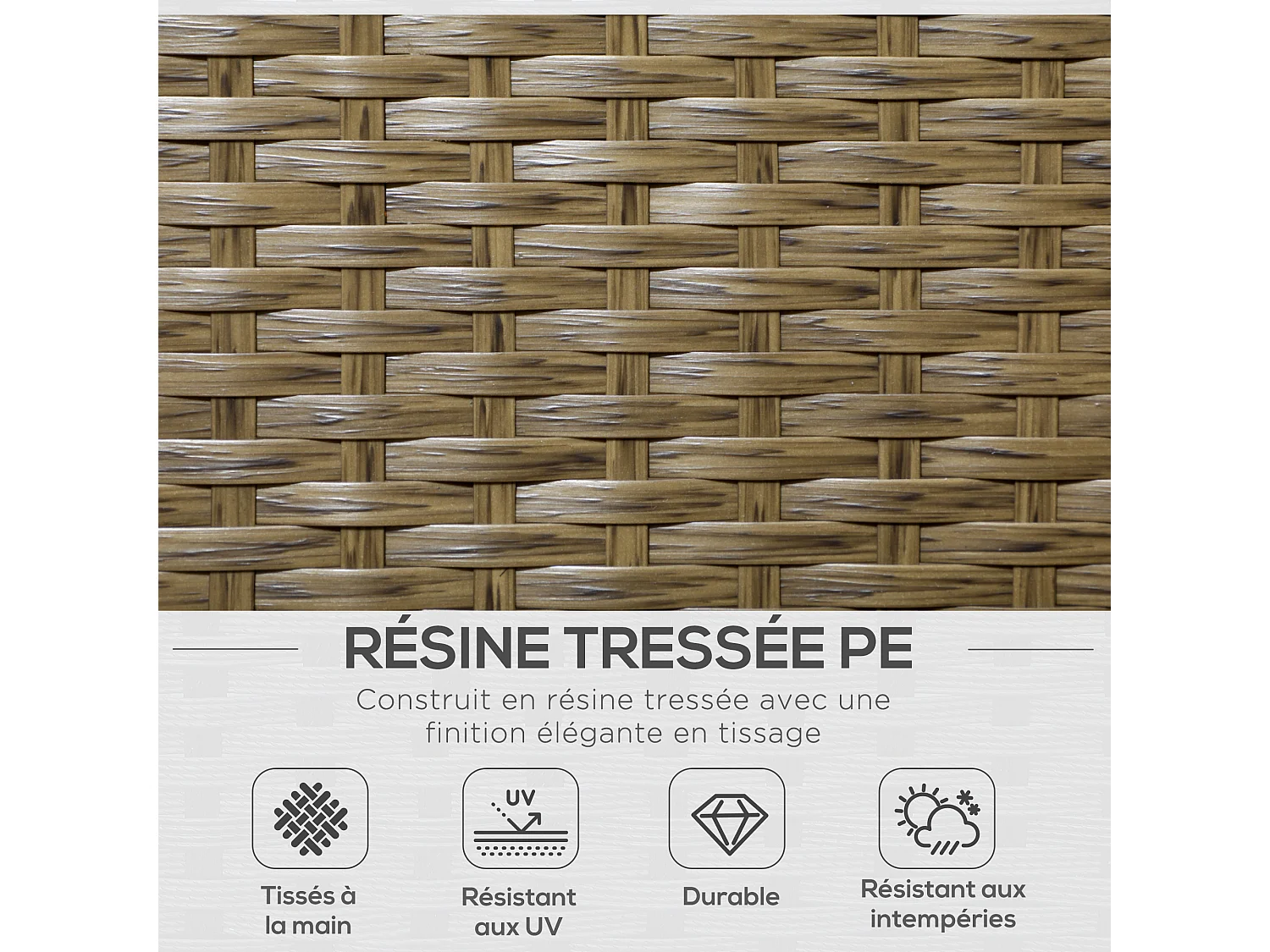 Salon de jardin 4 places 4 pièces style colonial table basse coussins beige inclus résine tressée marron