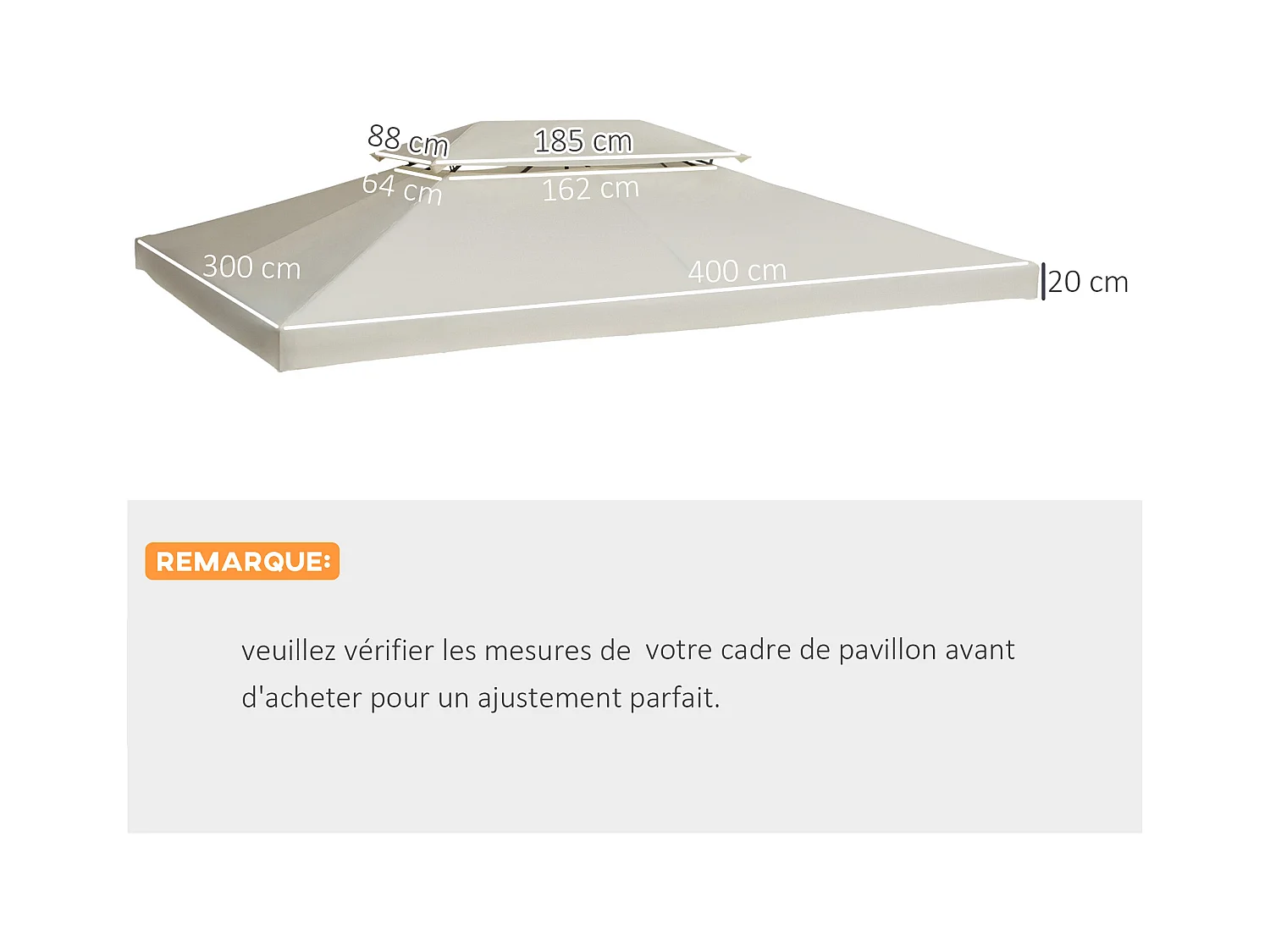 Toile de toit de rechange pour pavillon tonnelle tente 3x4m crème