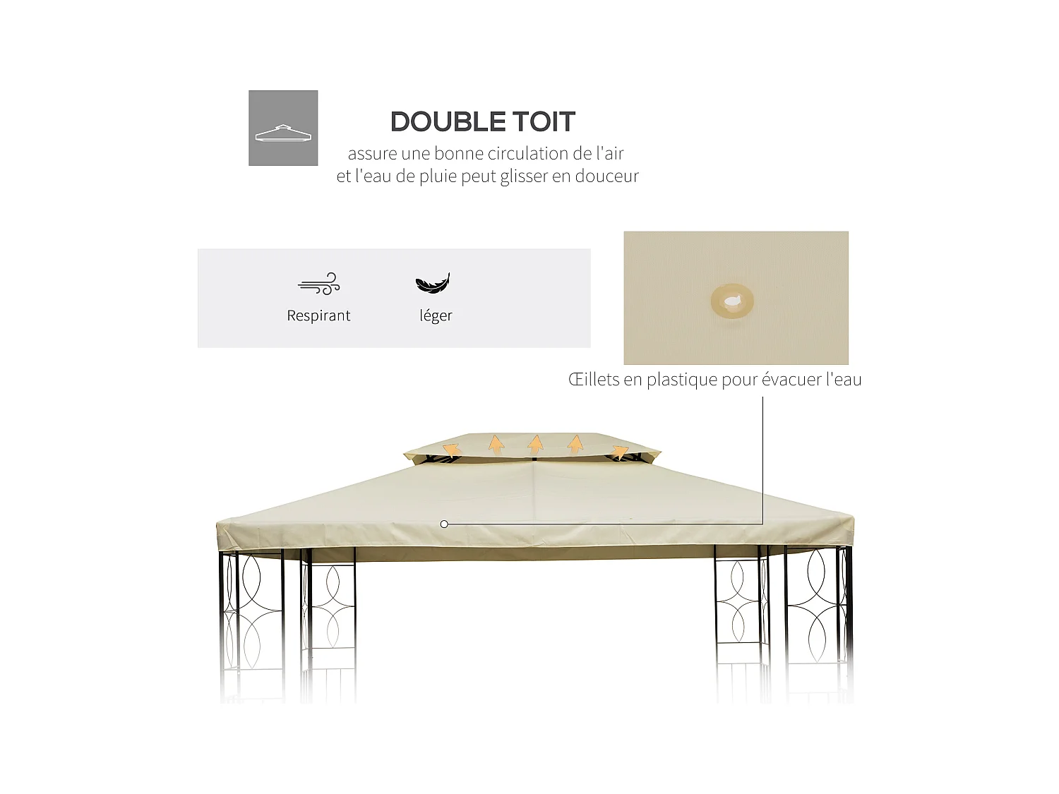 Toile de toit de rechange pour pavillon tonnelle tente 3x4m crème