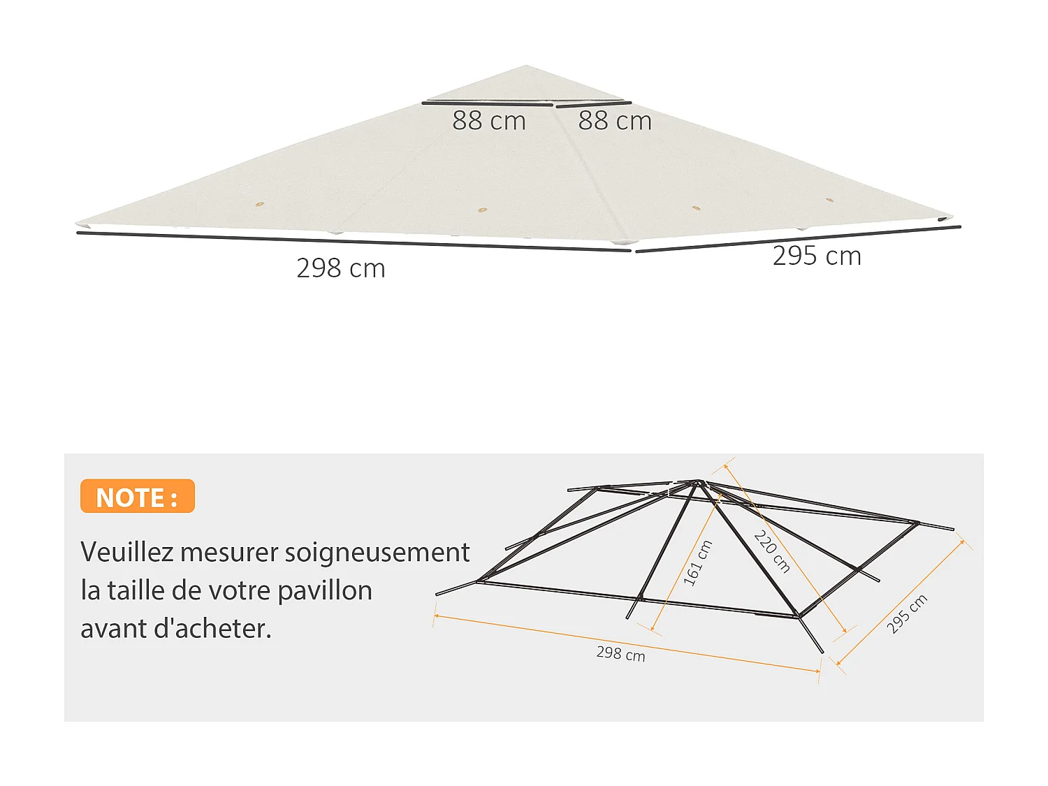 Toile de rechange pour pavillon tonnelle tente 3 x 3 m polyester haute densité 180 g/m² revêtement PA anti-UV crème