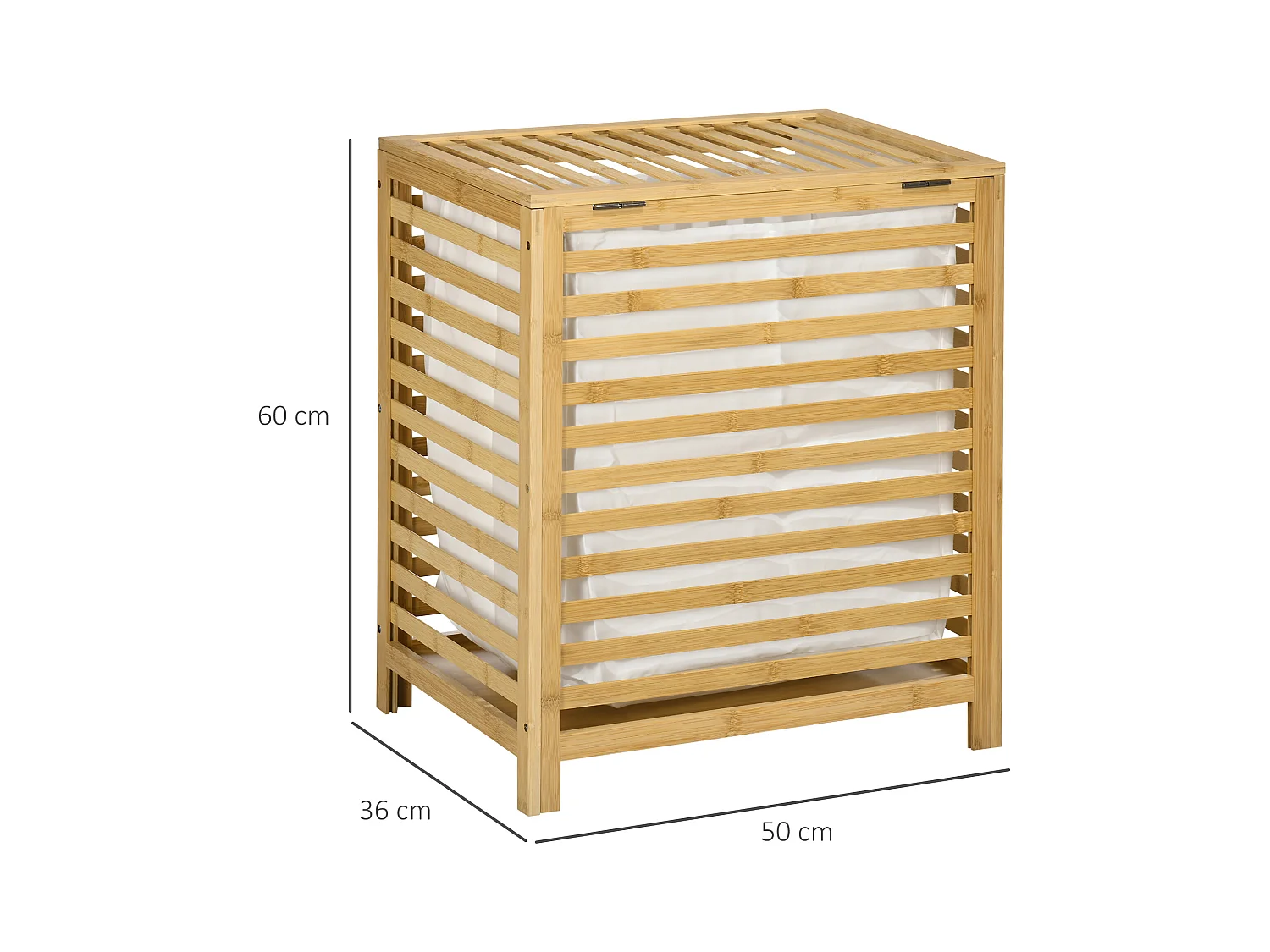 Panier à linge - sac en tissu amovible, couvercle - dim. 50L x 36l x 60H - bois bambou verni