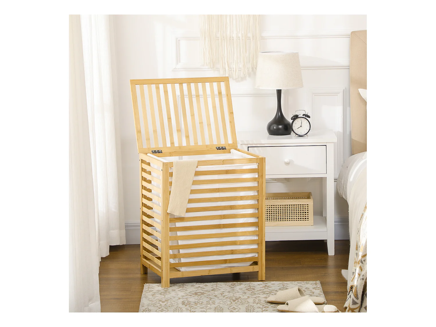 Panier à linge - sac en tissu amovible, couvercle - dim. 50L x 36l x 60H - bois bambou verni