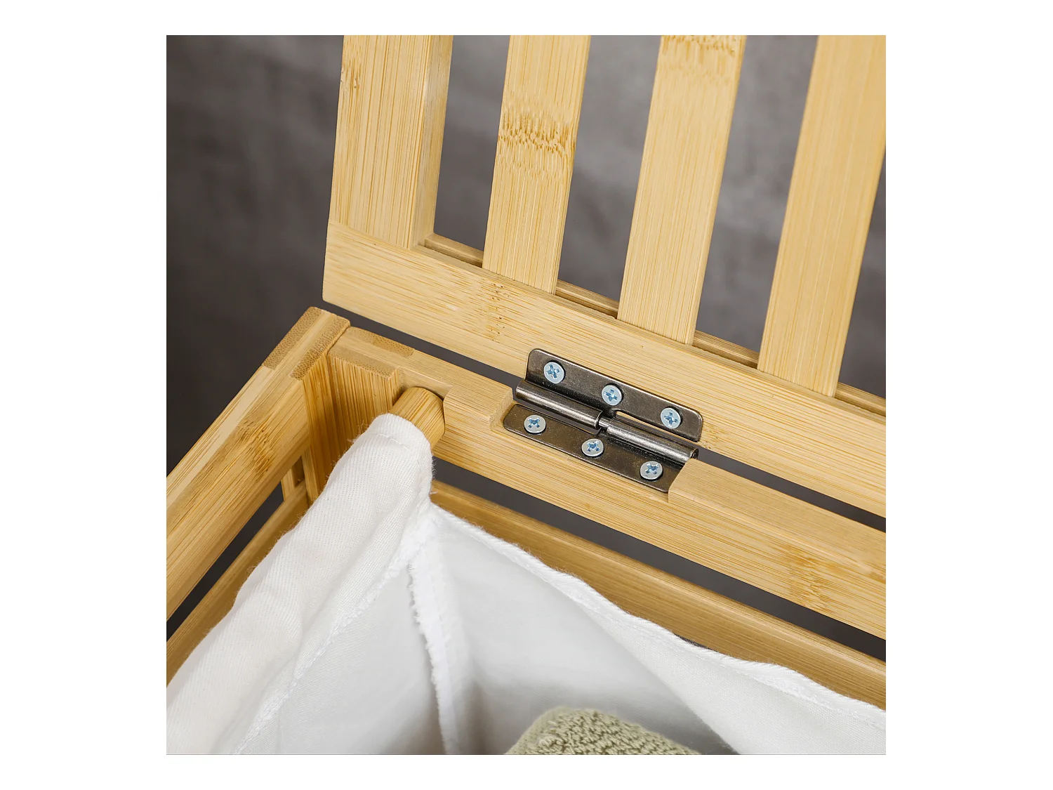 Panier à linge - sac en tissu amovible, couvercle - dim. 50L x 36l x 60H - bois bambou verni