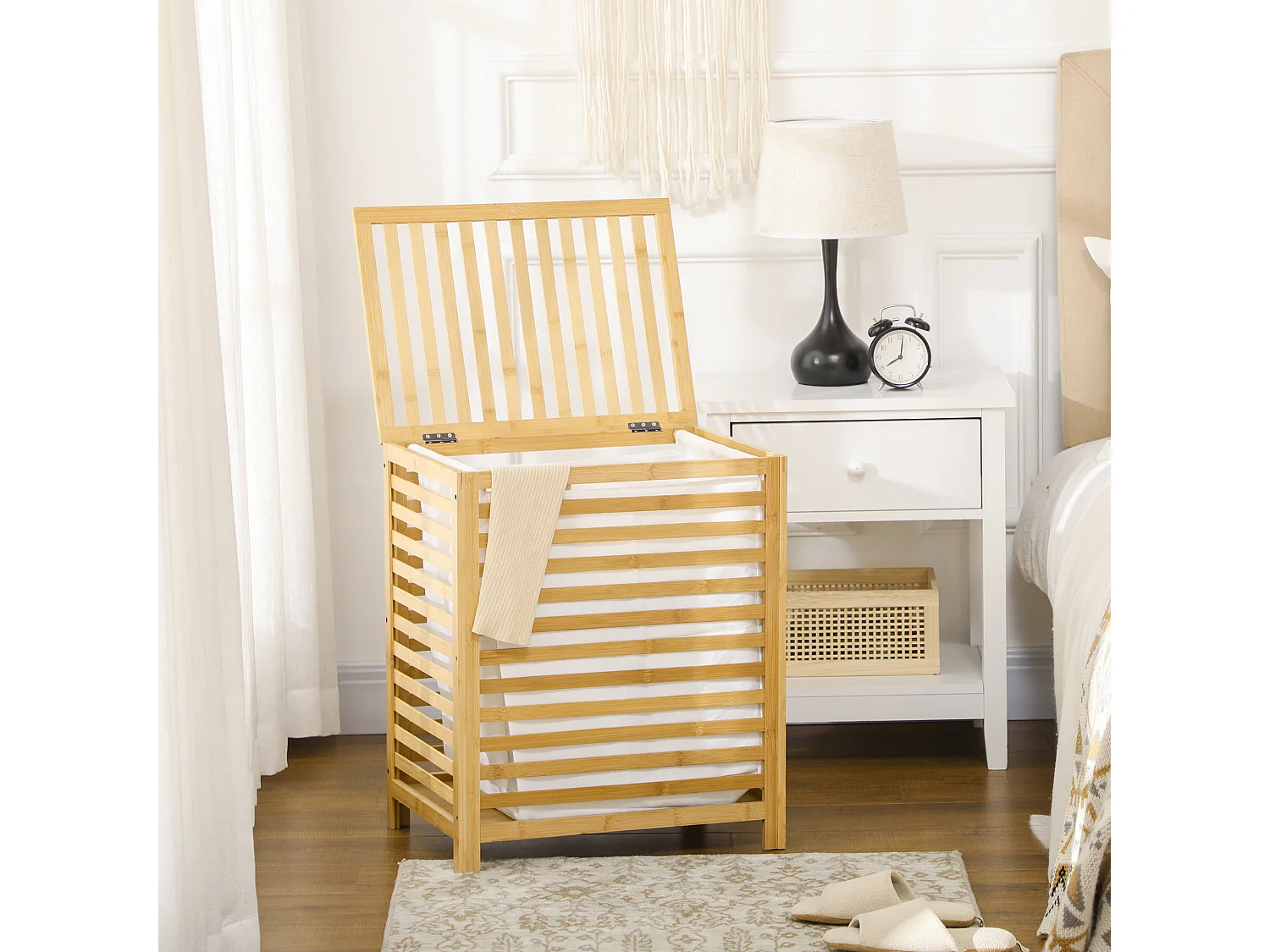 Panier à linge - sac en tissu amovible, couvercle - dim. 50L x 36l x 60H - bois bambou verni