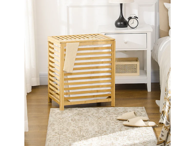 Panier à linge - sac en tissu amovible, couvercle - dim. 50L x 36l x 60H - bois bambou verni