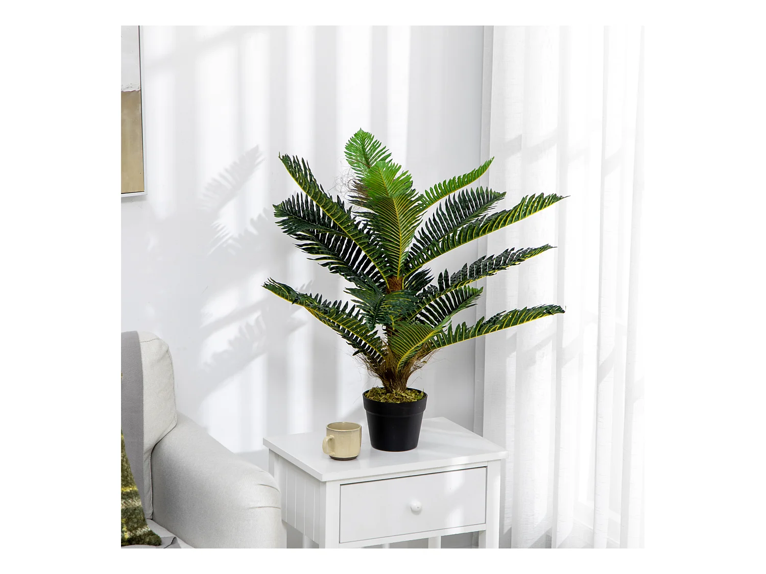 Palmier artificiel H.0,85 m arbre artificiel tronc branches lichen feuilles grand réalisme pot inclus