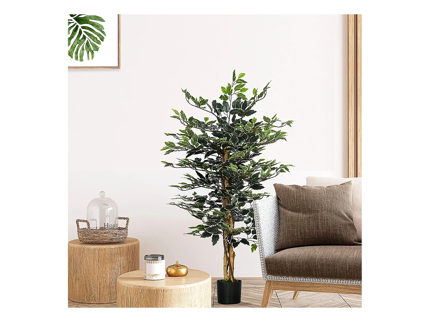 Arbre artificiel plante artificiel ficus banian hauteur 1,3 m tronc branches liane lichen feuilles grand réalisme pot inclus