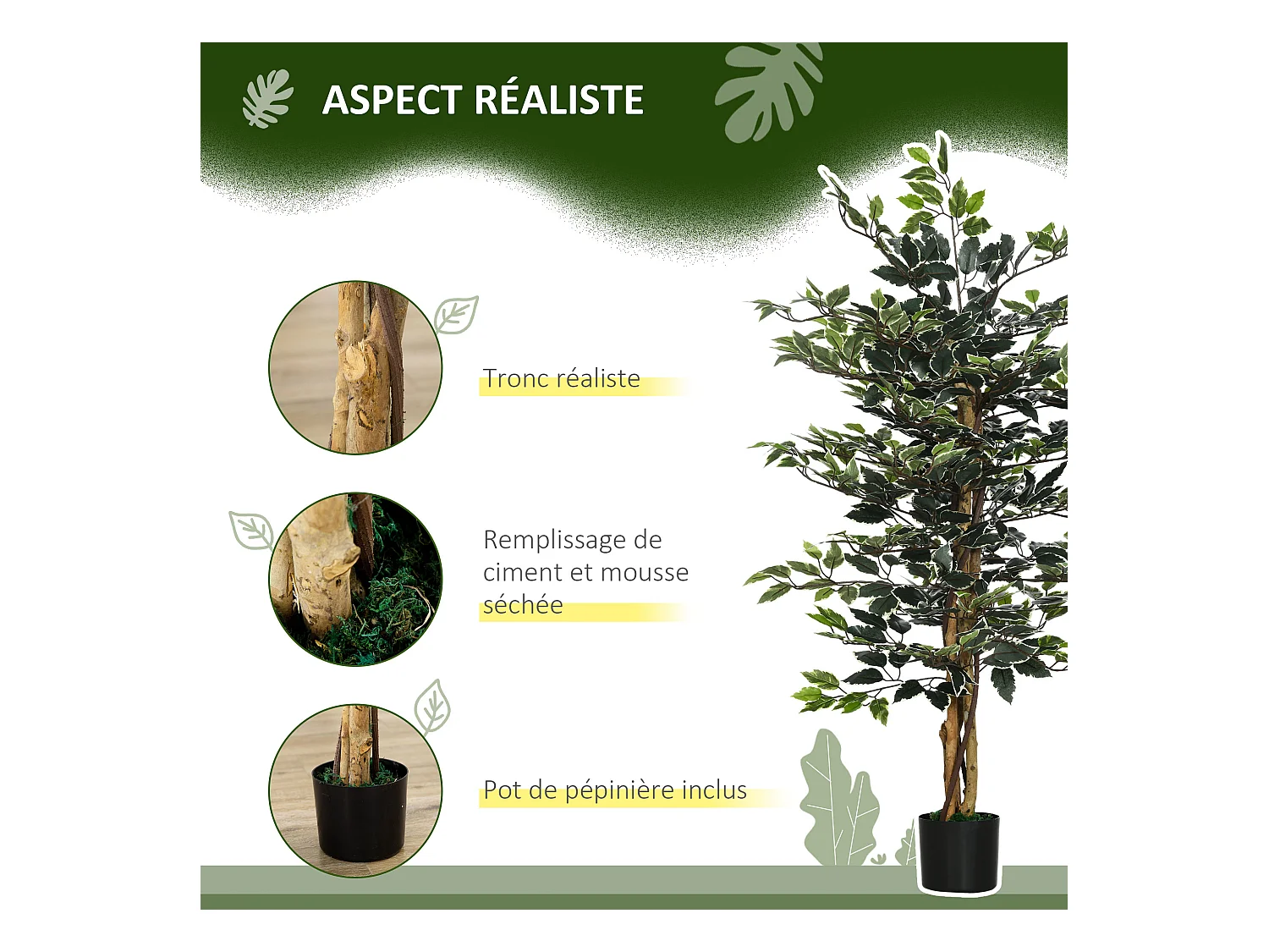 Arbre artificiel plante artificiel ficus banian hauteur 1,3 m tronc branches liane lichen feuilles grand réalisme pot inclus