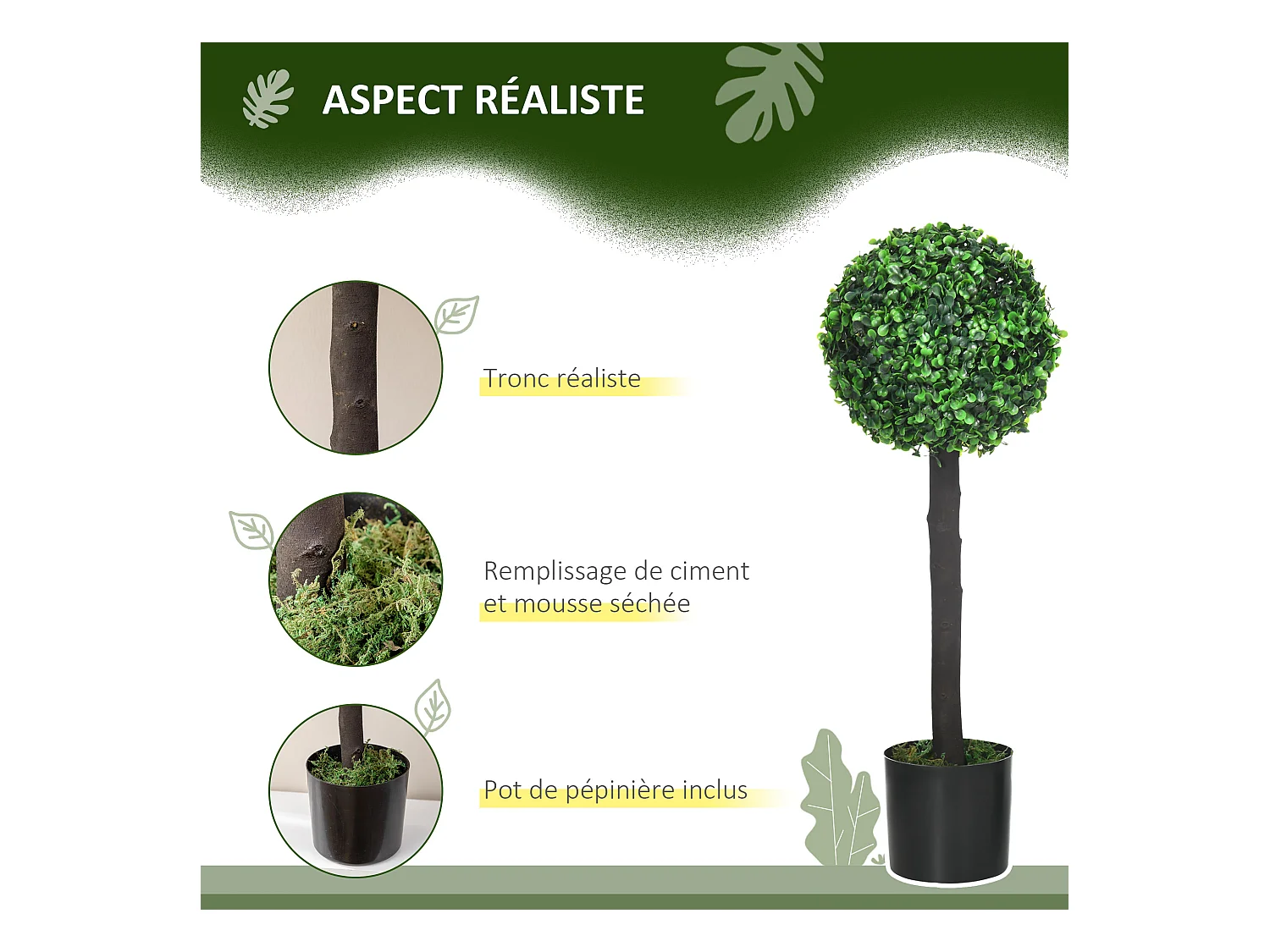 Lot de 2 buis artificiels topiaires artificielles en forme de boule dim. Ø 20 x 60H cm pots inclus