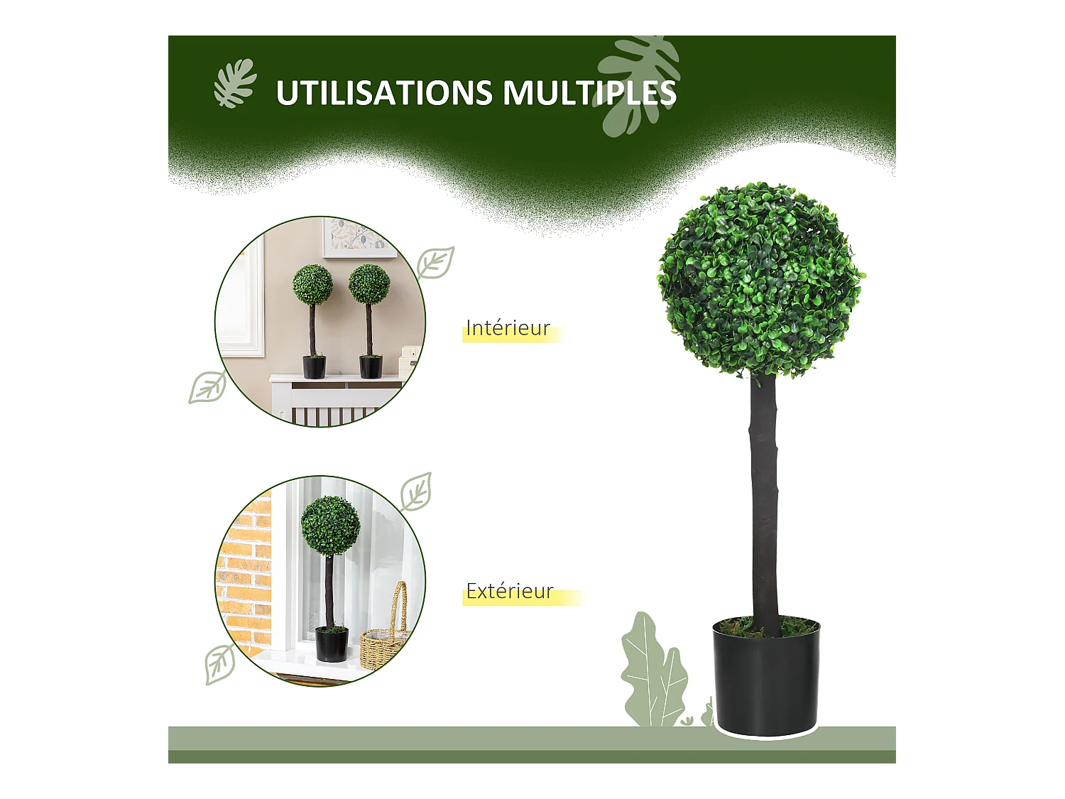 Lot de 2 buis artificiels topiaires artificielles en forme de boule dim. Ø 20 x 60H cm pots inclus