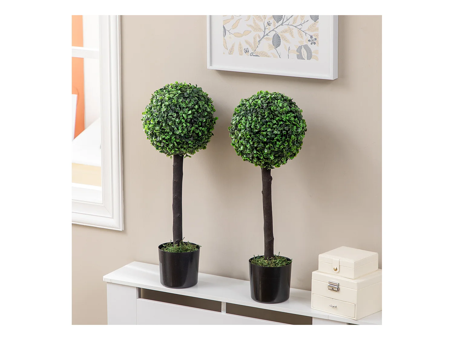 Lot de 2 buis artificiels topiaires artificielles en forme de boule dim. Ø 20 x 60H cm pots inclus
