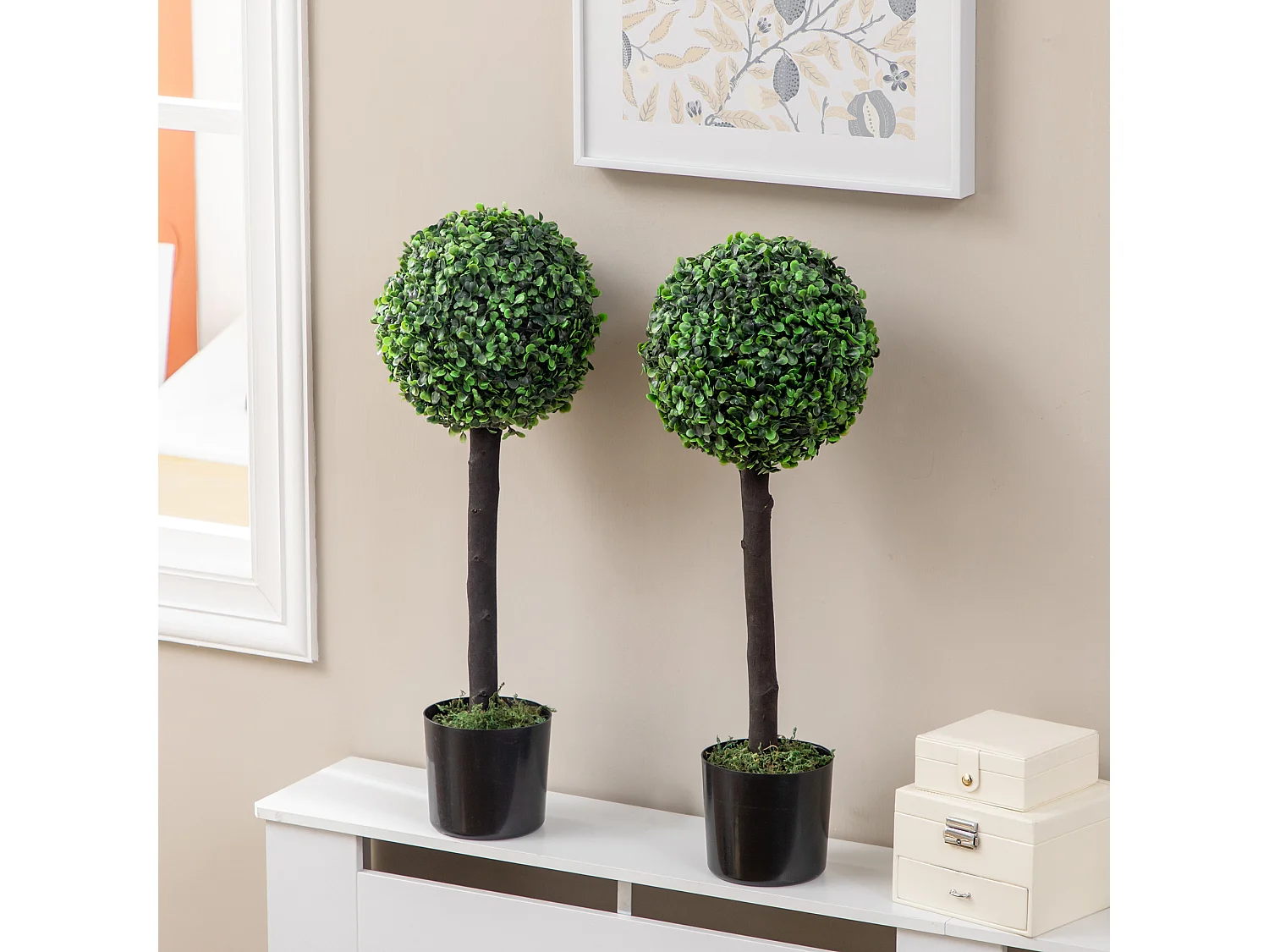 Lot de 2 buis artificiels topiaires artificielles en forme de boule dim. Ø 20 x 60H cm pots inclus