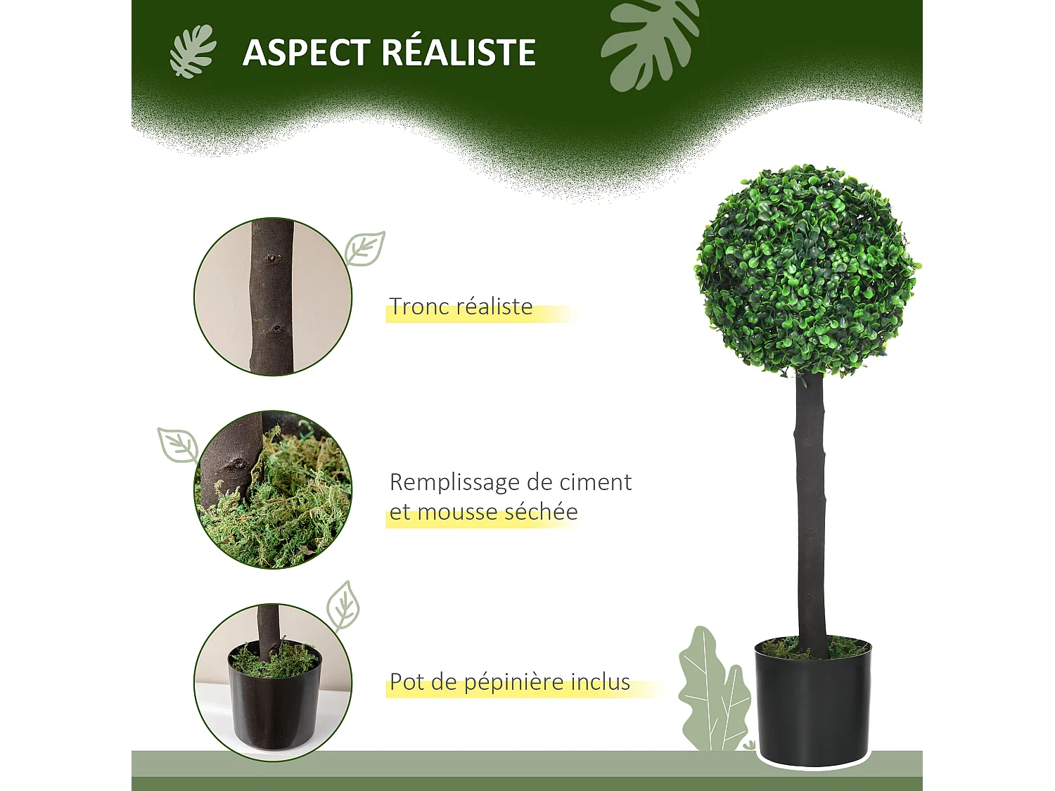 Lot de 2 buis artificiels topiaires artificielles en forme de boule dim. Ø 20 x 60H cm pots inclus
