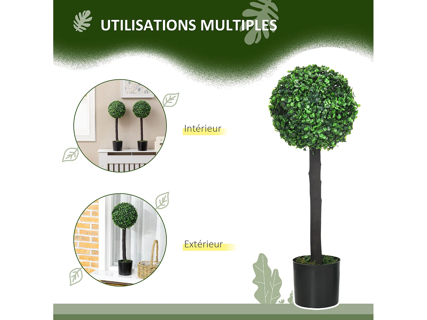 Lot de 2 buis artificiels topiaires artificielles en forme de boule dim. Ø 20 x 60H cm pots inclus