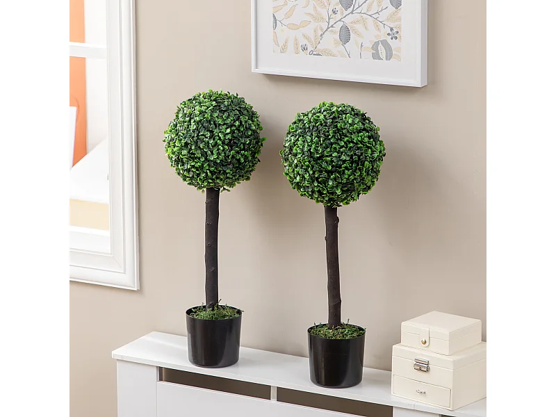 Lot de 2 buis artificiels topiaires artificielles en forme de boule dim. Ø 20 x 60H cm pots inclus