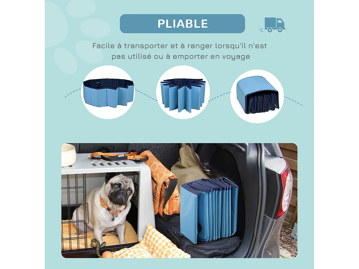 Piscine pour chiens bassin pliable bouchon vidange fond antidérapant diamètre 1,20 m bleu