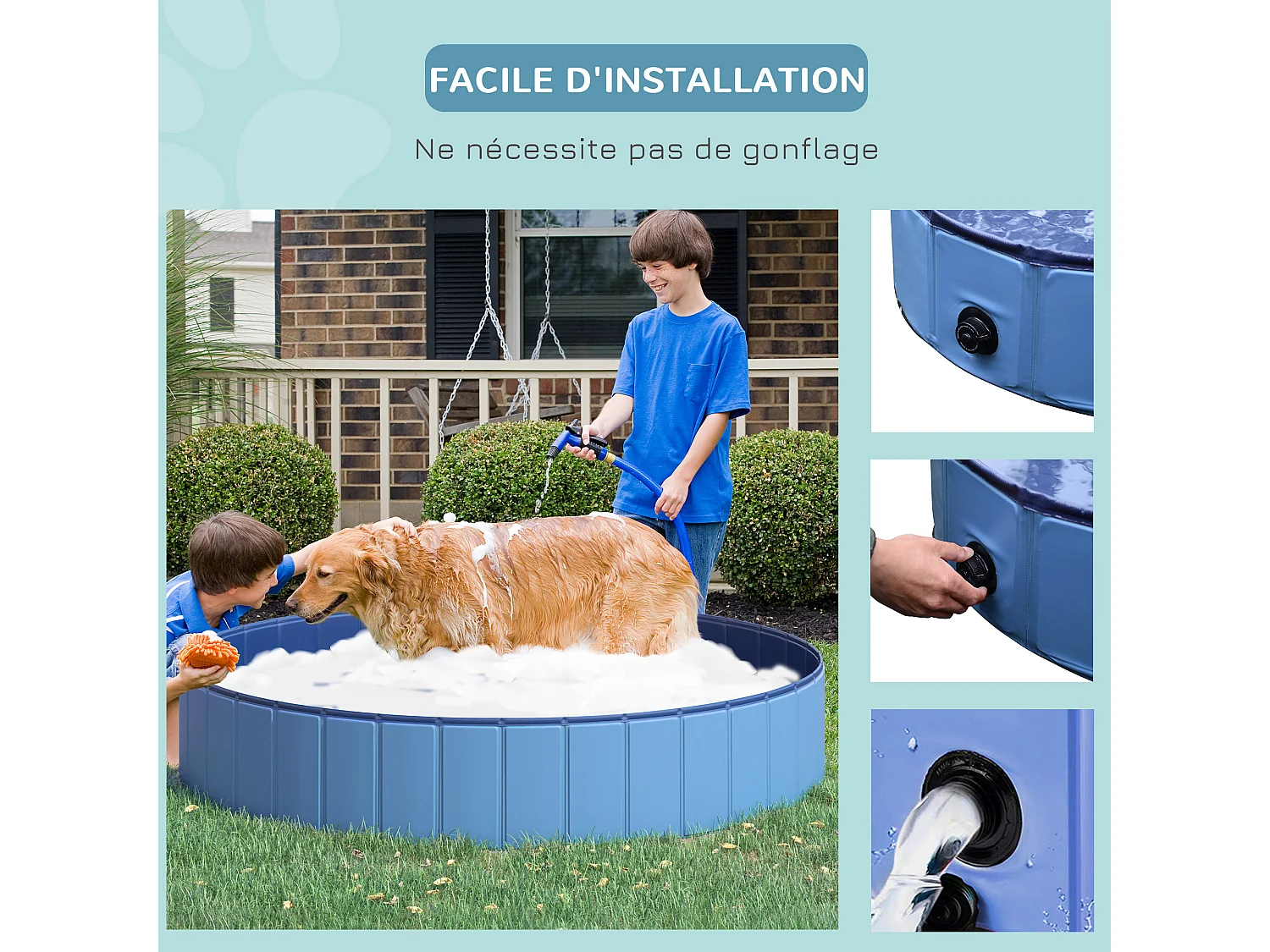 Piscine pour chiens bassin pliable bouchon vidange fond antidérapant diamètre 1,20 m bleu