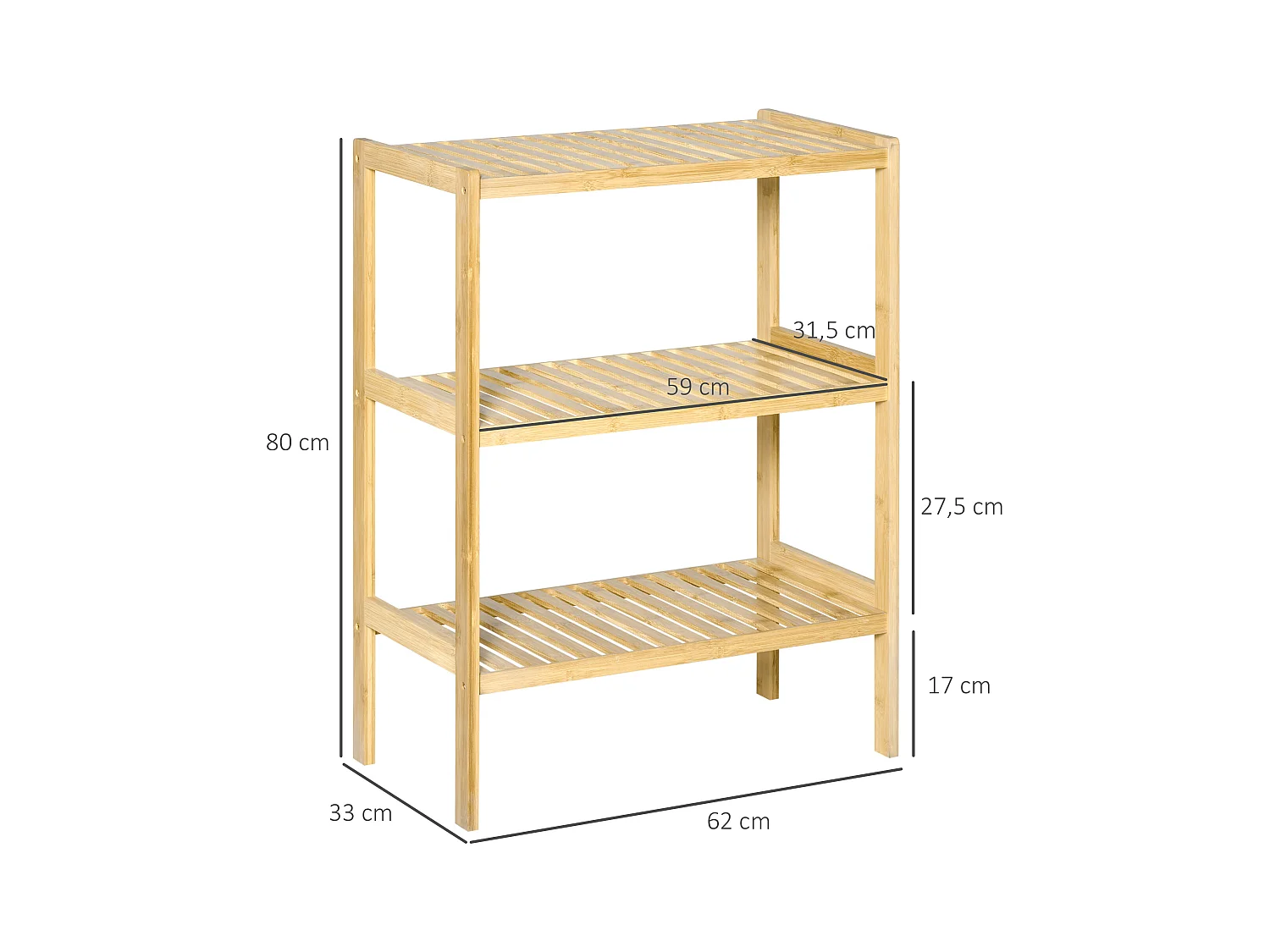 Etagère de rangement 3 niveaux sur pied - étagères à lattes - dim. 62L x 33l x 80H cm - bois de bambou