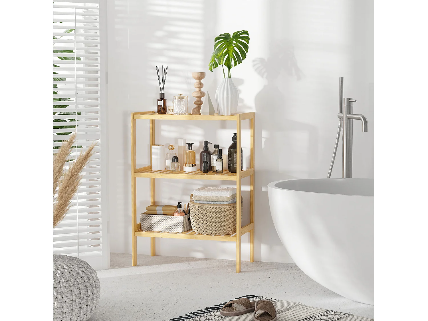 Etagère de rangement 3 niveaux sur pied - étagères à lattes - dim. 62L x 33l x 80H cm - bois de bambou