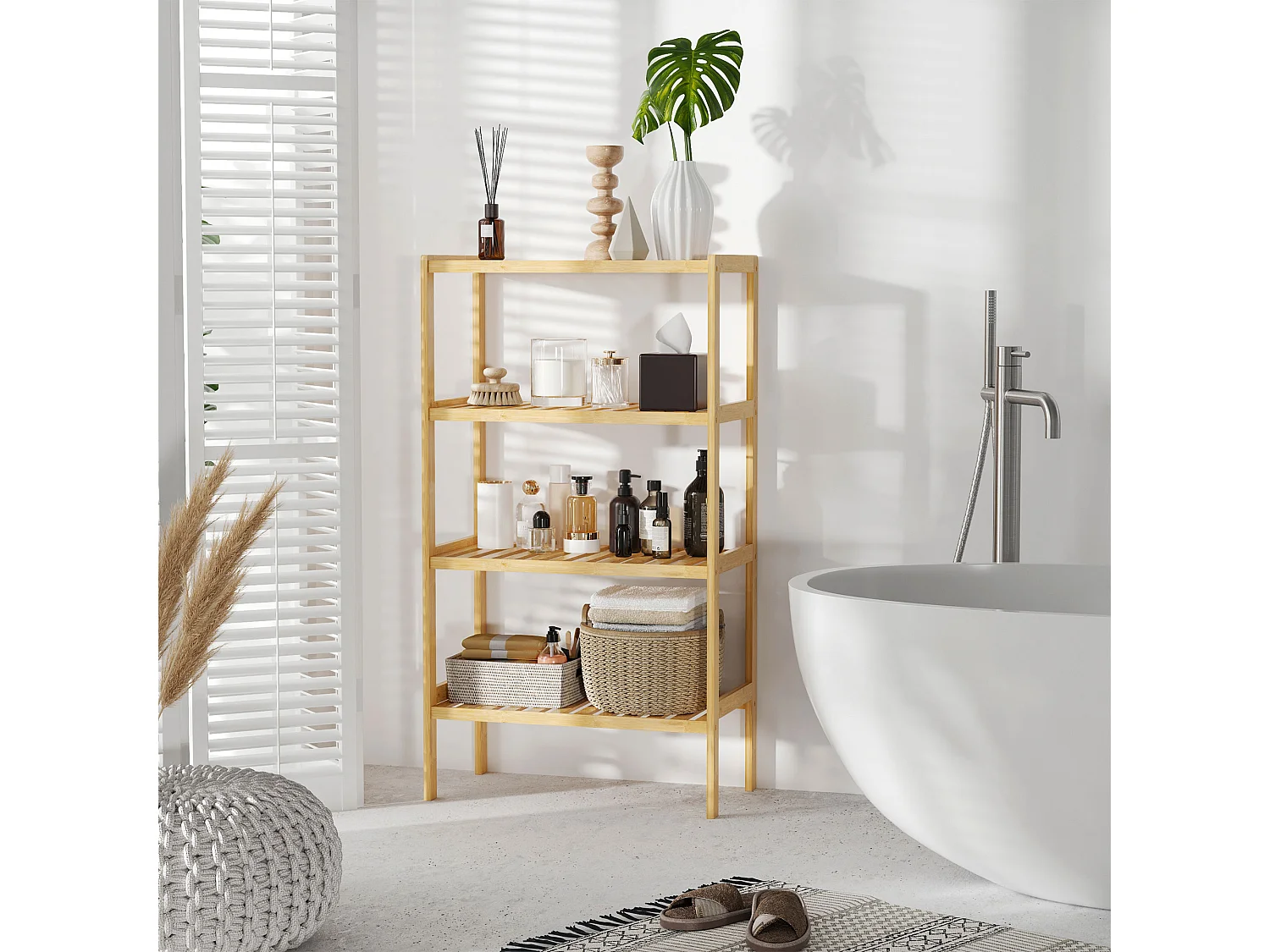 Etagère de rangement 4 niveaux sur pied - étagères à lattes - dim. 62L x 33l x 112H cm - bois de bambou