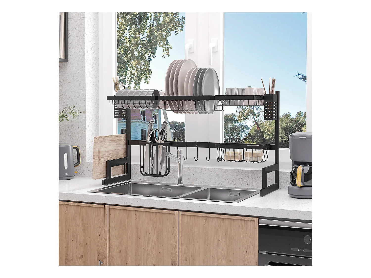 Égouttoir à vaiselle - organiseur d'évier - 8 espaces de séchage - pieds ventouses - acier inox. noir