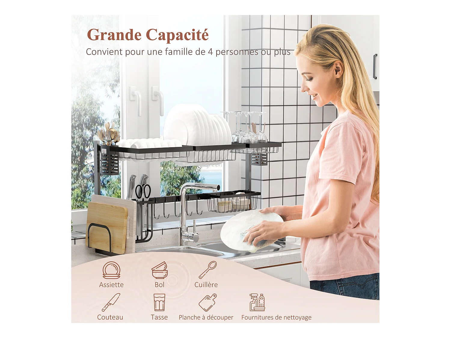 Égouttoir à vaiselle - organiseur d'évier - 8 espaces de séchage - pieds ventouses - acier inox. noir