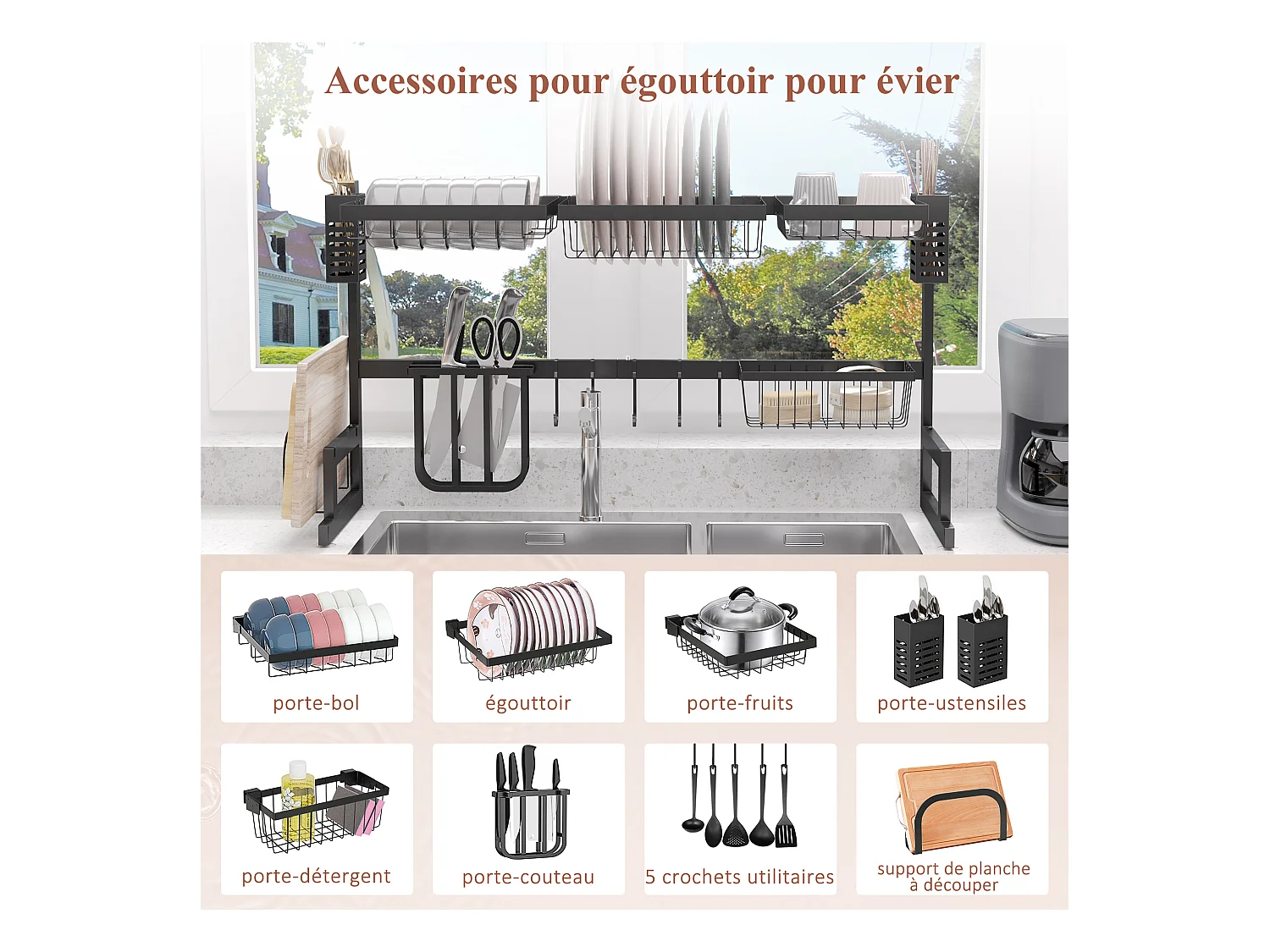 Égouttoir à vaiselle - organiseur d'évier - 8 espaces de séchage - pieds ventouses - acier inox. noir