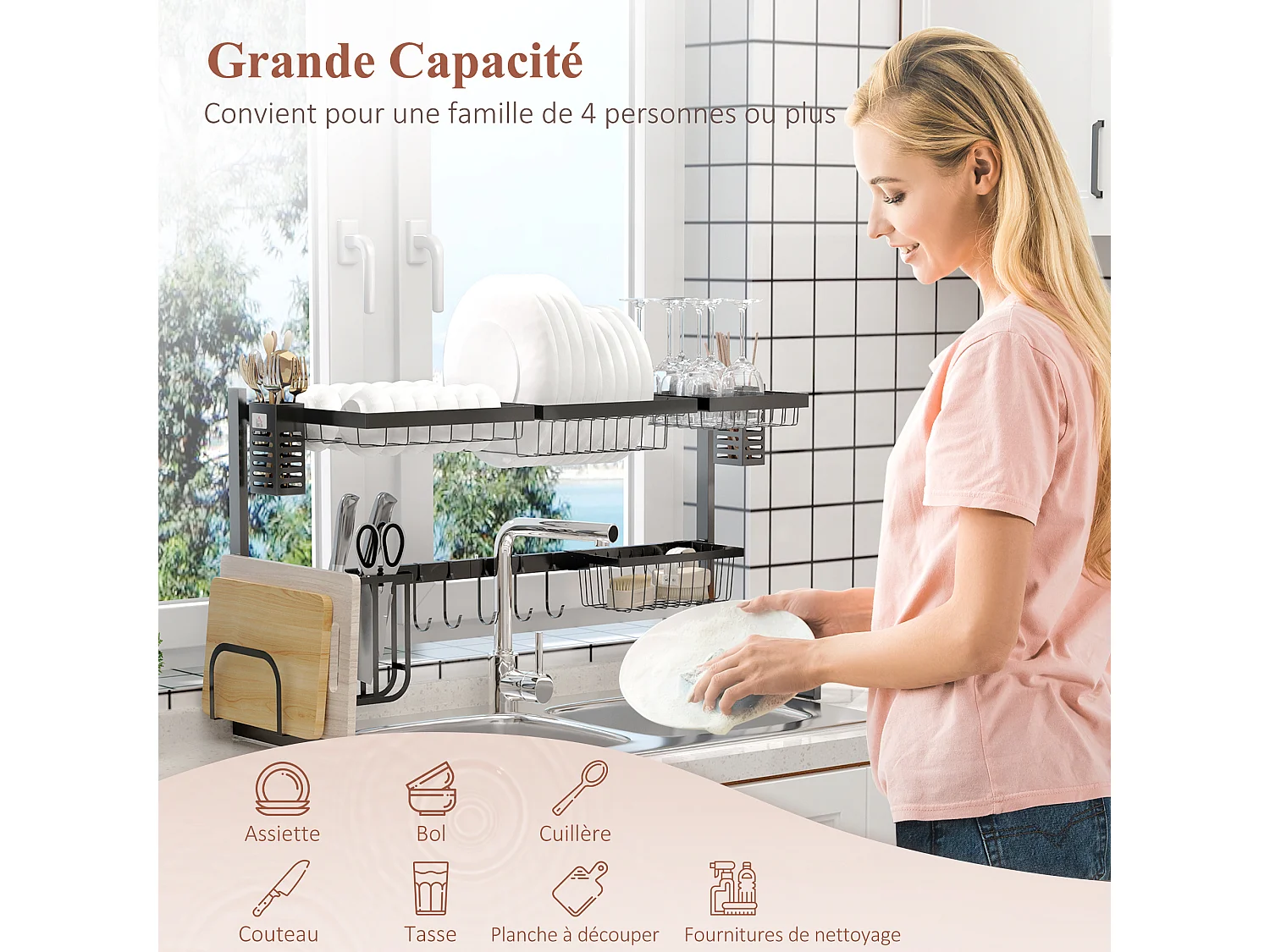 Égouttoir à vaiselle - organiseur d'évier - 8 espaces de séchage - pieds ventouses - acier inox. noir