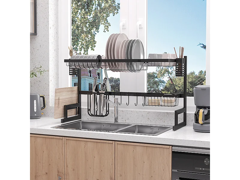Égouttoir à vaiselle - organiseur d'évier - 8 espaces de séchage - pieds ventouses - acier inox. noir