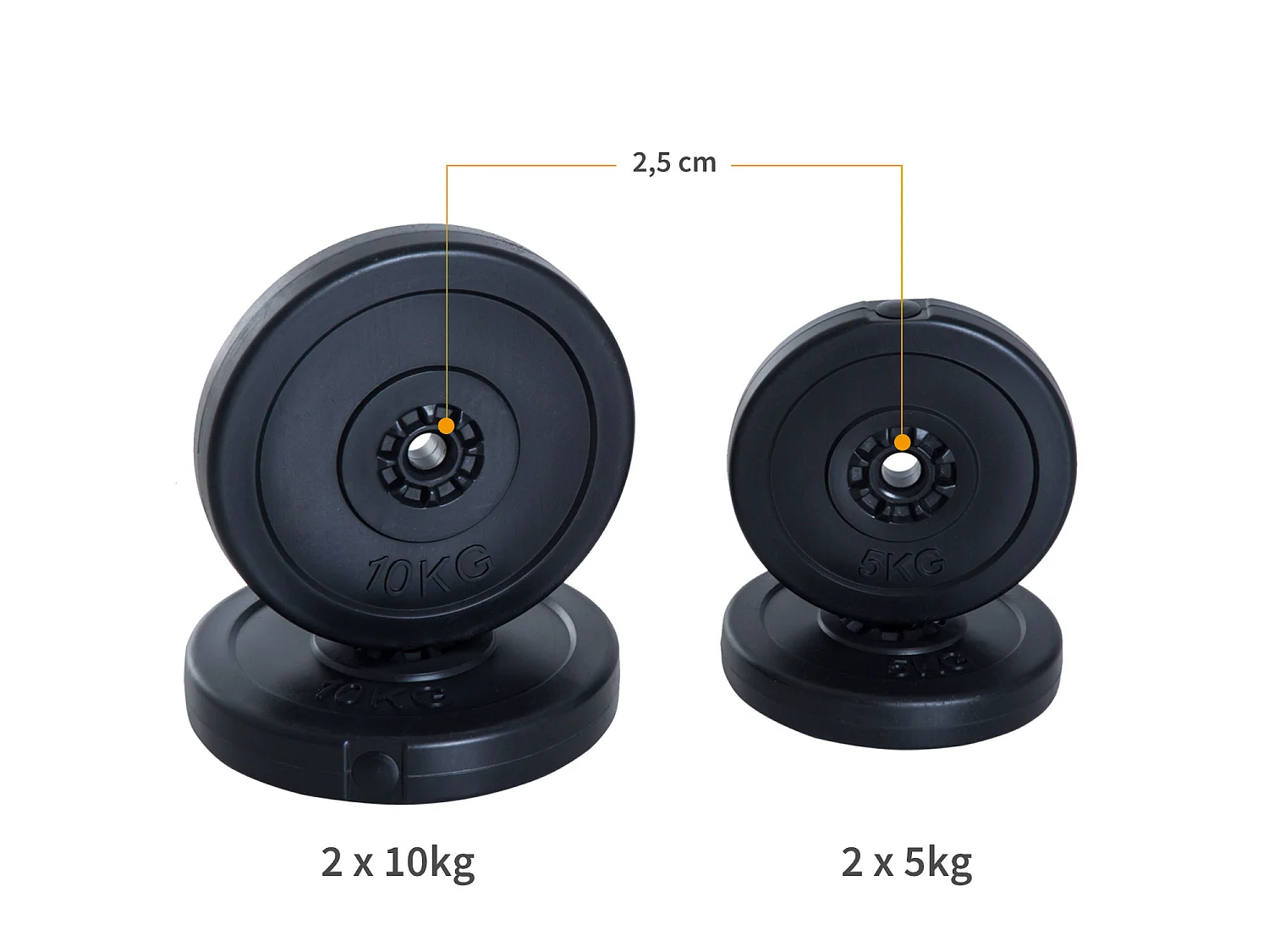 Disques de poids - lot de 4 disques d'haltère - ensemble de poids 5 Kg et 10 Kg - poids total 30 Kg - entraînement musculaire & haltérophilie - HDPE noir