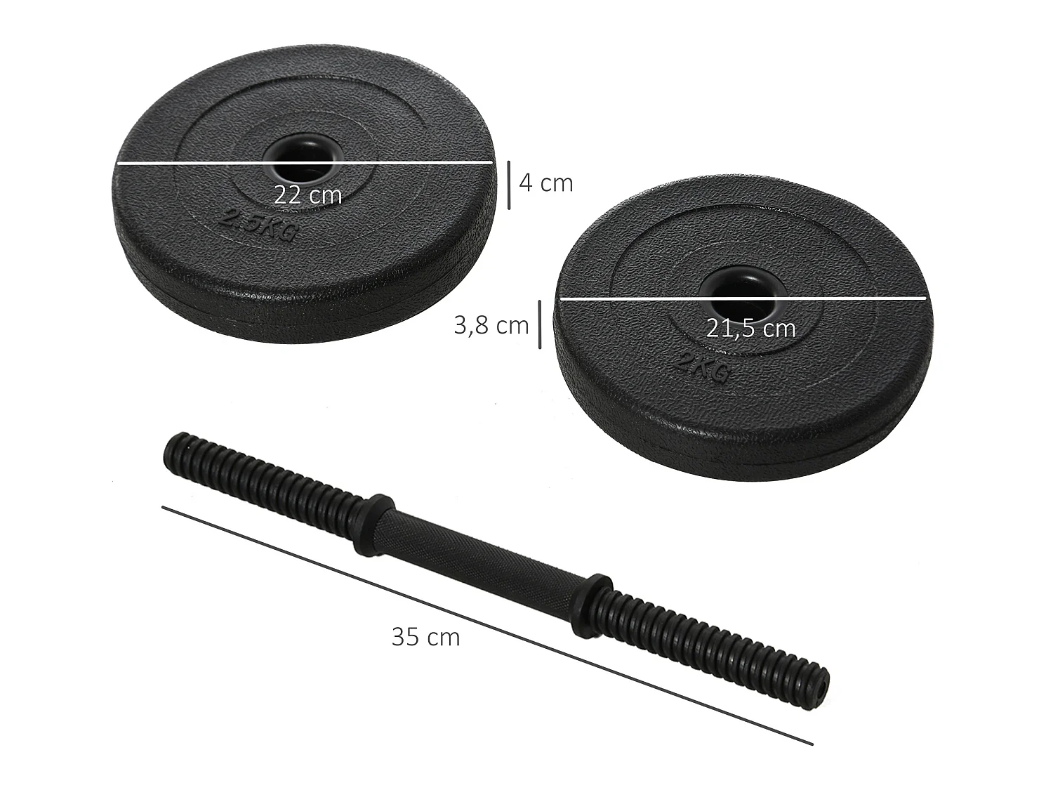 Ensemble d'haltères courtes total 20 Kg - barres incluses - entraînement musculaire & haltérophilie - acier HDPE noir