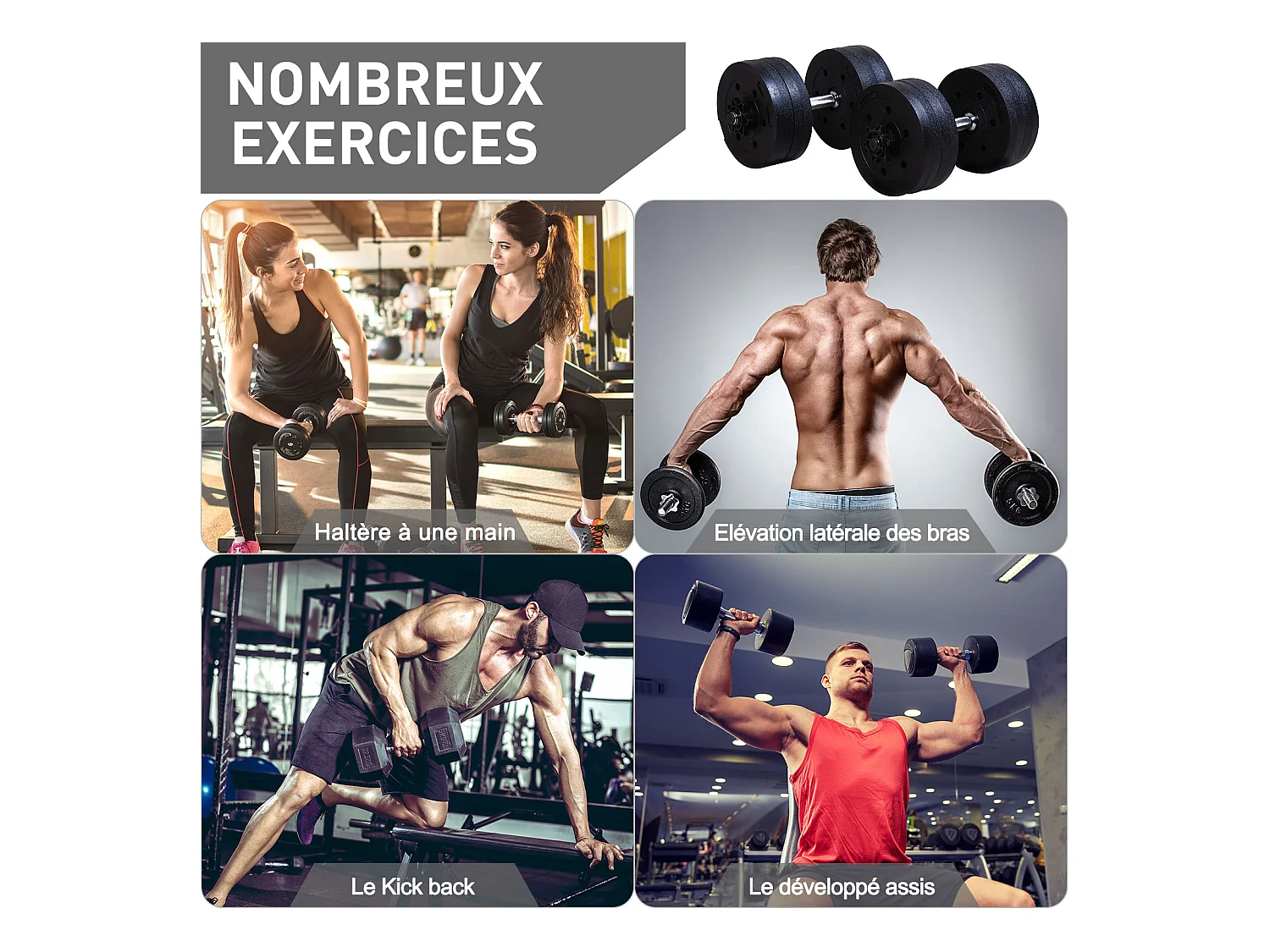 Ensemble d'haltères courtes total 20 Kg - barres incluses - entraînement musculaire & haltérophilie - acier HDPE noir