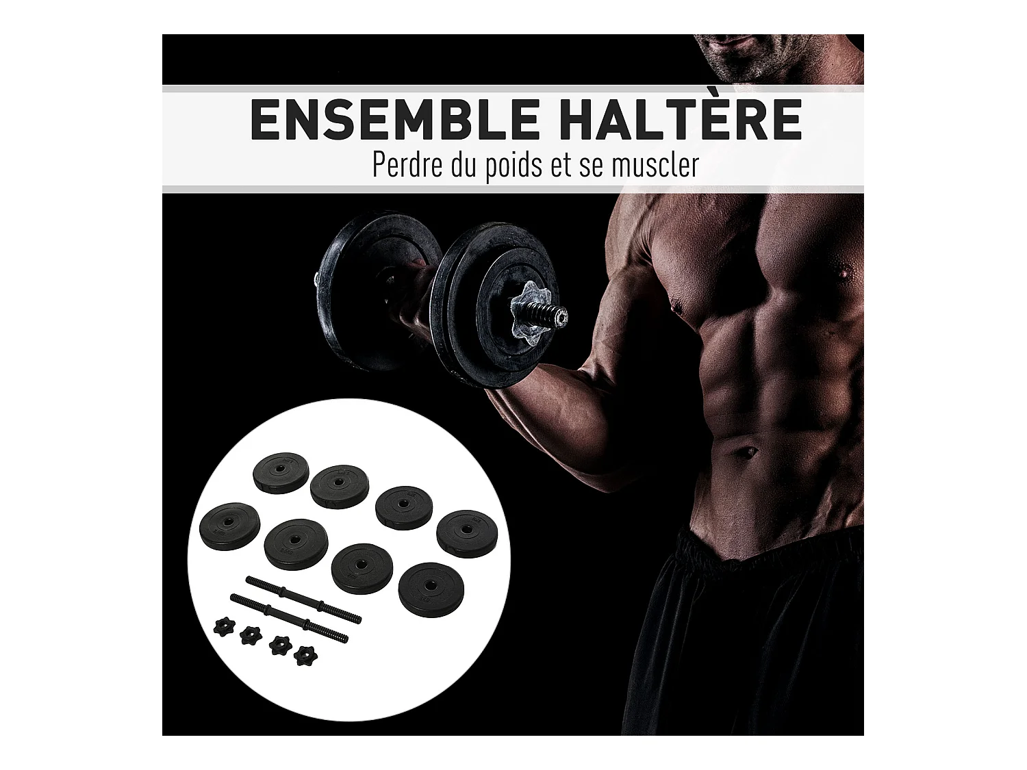 Ensemble d'haltères courtes total 20 Kg - barres incluses - entraînement musculaire & haltérophilie - acier HDPE noir