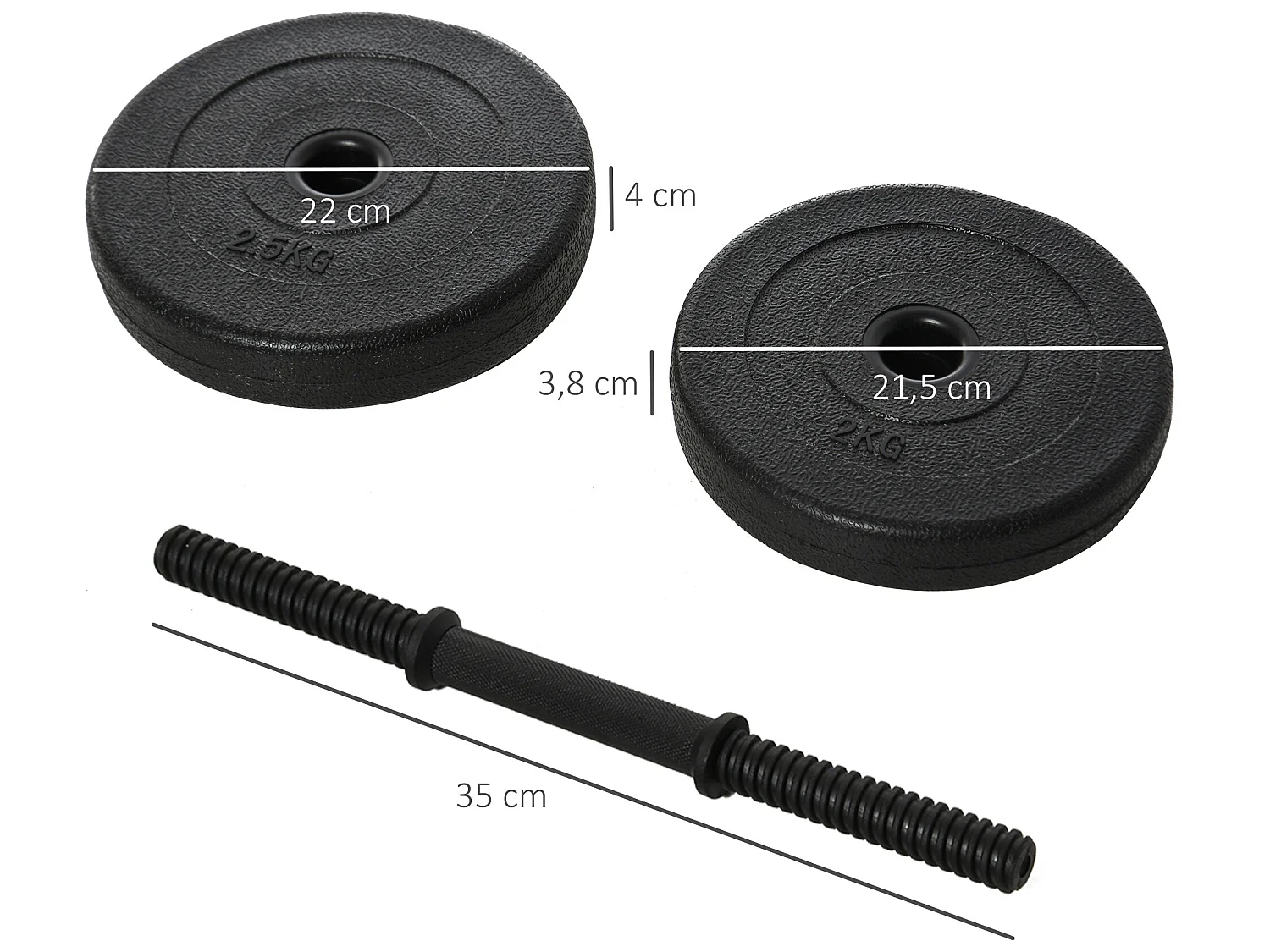 Ensemble d'haltères courtes total 20 Kg - barres incluses - entraînement musculaire & haltérophilie - acier HDPE noir