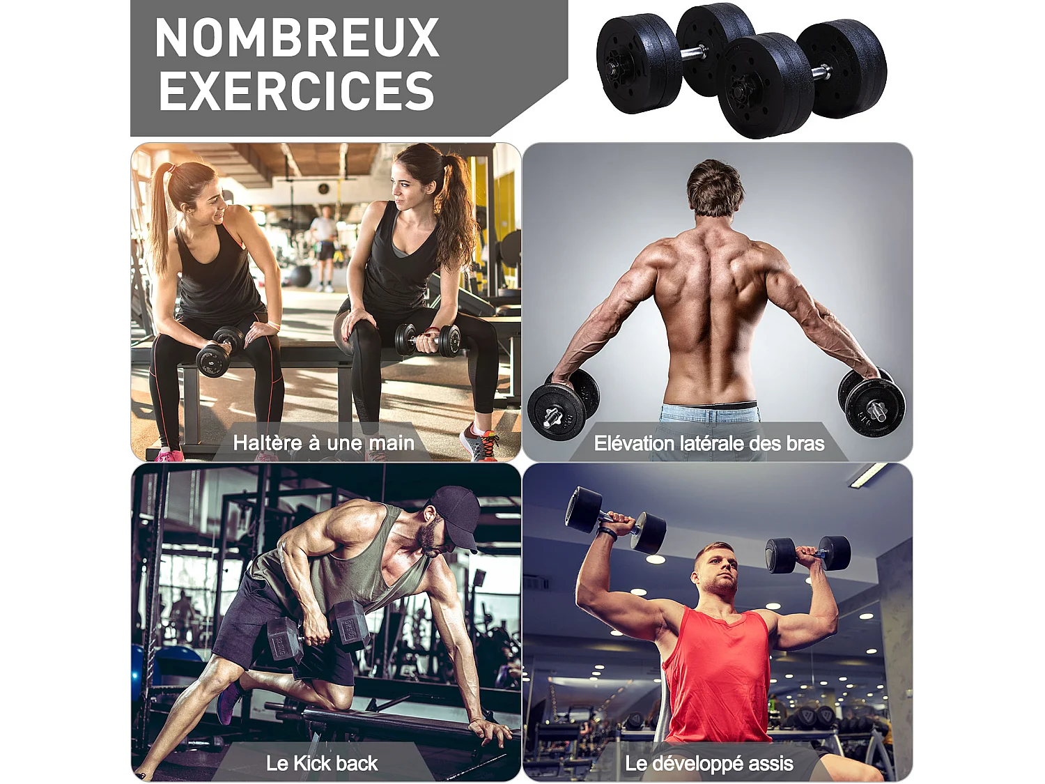 Ensemble d'haltères courtes total 20 Kg - barres incluses - entraînement musculaire & haltérophilie - acier HDPE noir