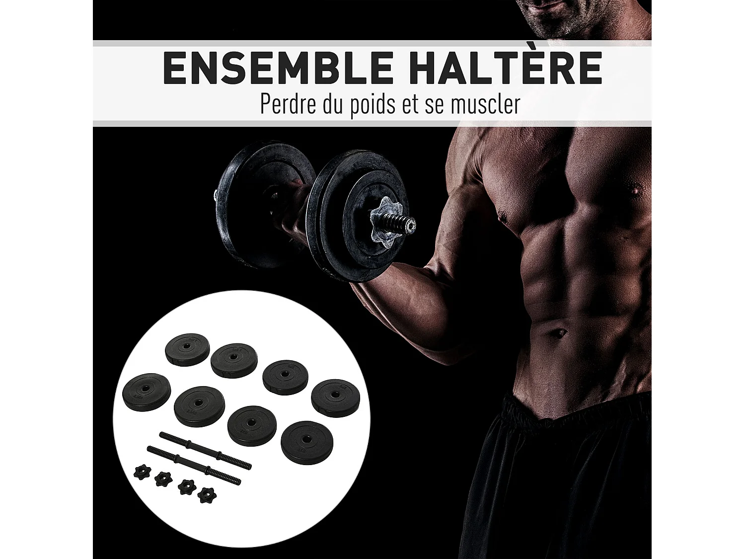 Ensemble d'haltères courtes total 20 Kg - barres incluses - entraînement musculaire & haltérophilie - acier HDPE noir