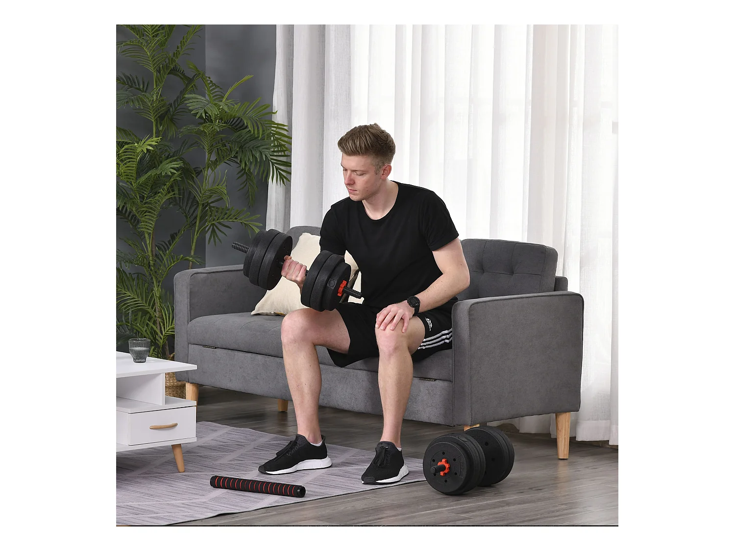 Ensemble d'haltères courtes total 25 Kg - barres incluses - entraînement musculaire & haltérophilie - acier HDPE noir rouge