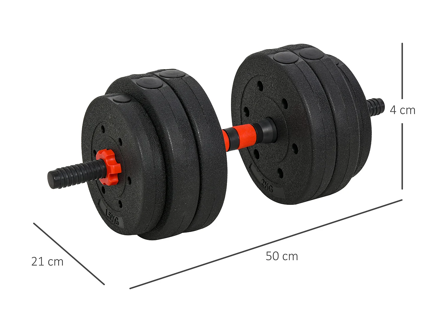 Ensemble d'haltères courtes total 25 Kg - barres incluses - entraînement musculaire & haltérophilie - acier HDPE noir rouge