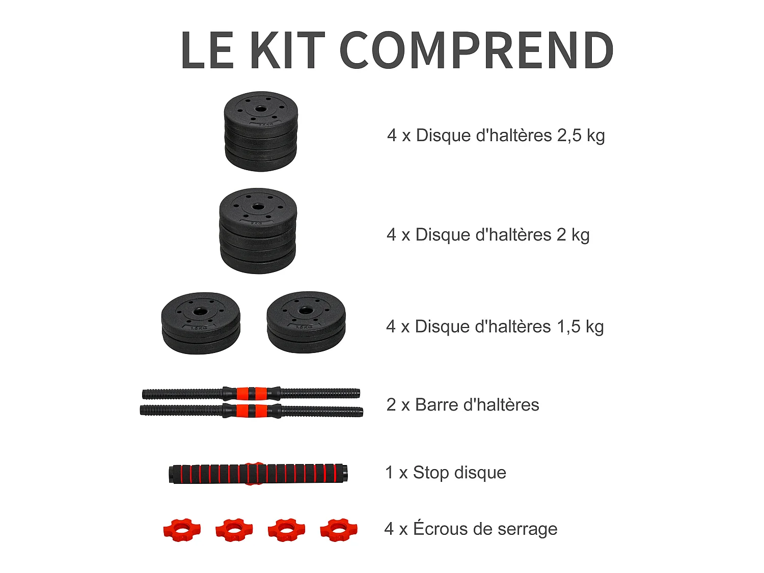 Ensemble d'haltères courtes total 25 Kg - barres incluses - entraînement musculaire & haltérophilie - acier HDPE noir rouge