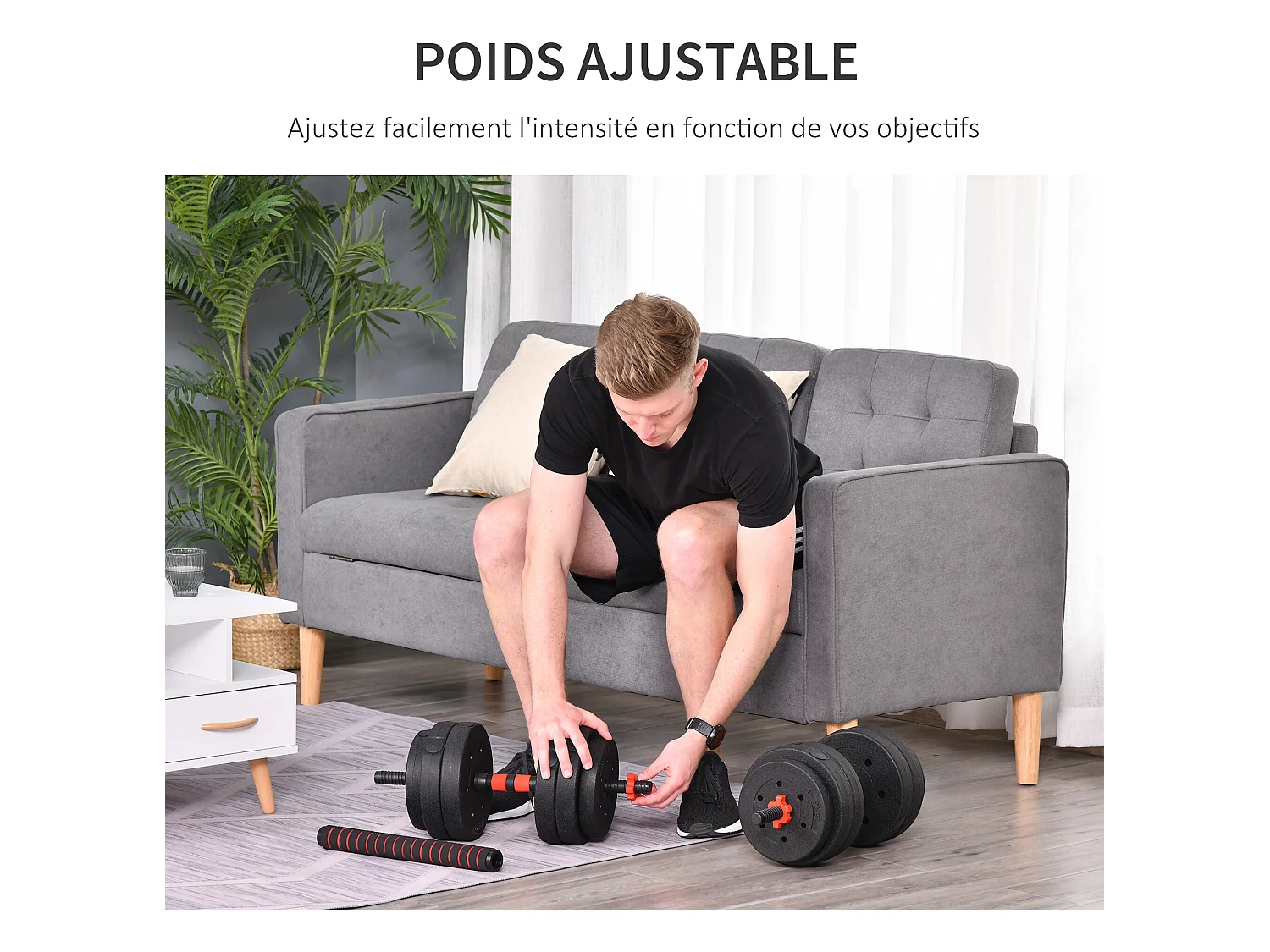 Ensemble d'haltères courtes total 25 Kg - barres incluses - entraînement musculaire & haltérophilie - acier HDPE noir rouge