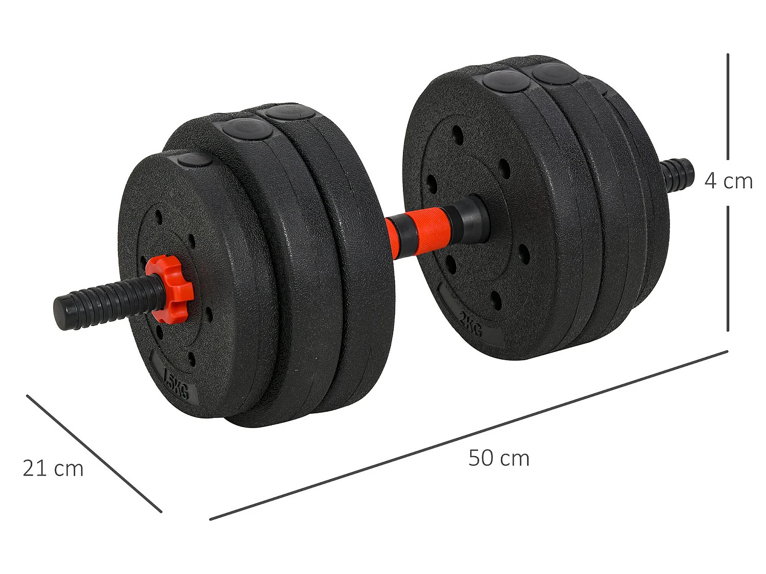 Ensemble d'haltères courtes total 25 Kg - barres incluses - entraînement musculaire & haltérophilie - acier HDPE noir rouge