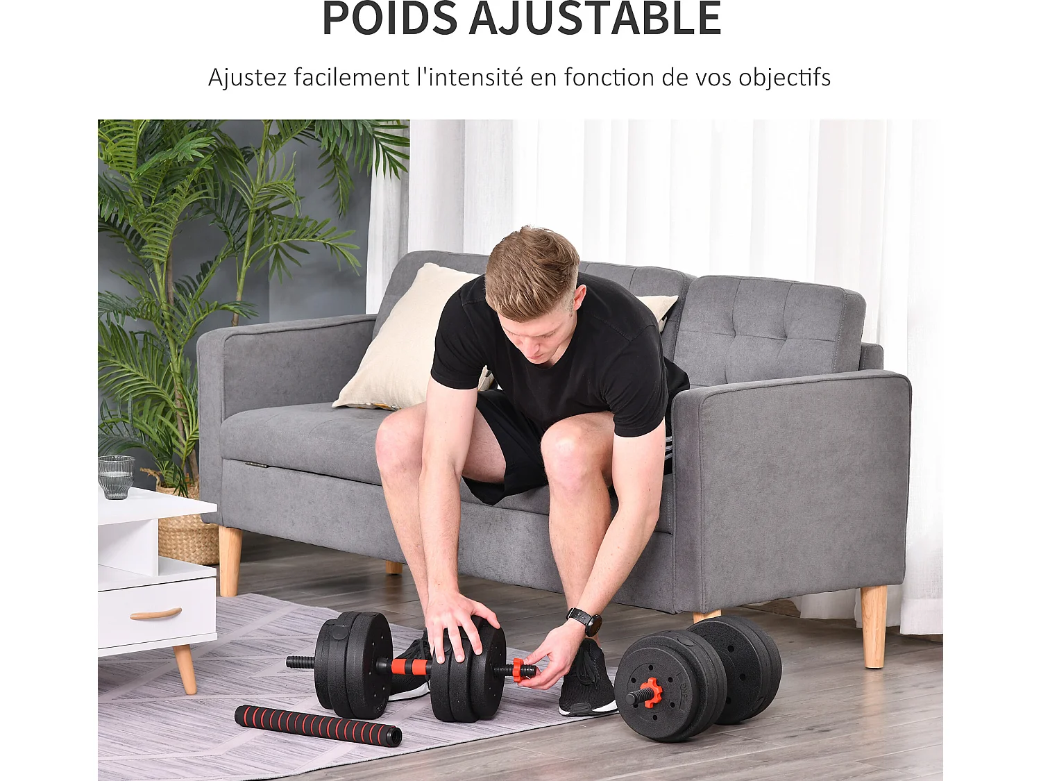 Ensemble d'haltères courtes total 25 Kg - barres incluses - entraînement musculaire & haltérophilie - acier HDPE noir rouge