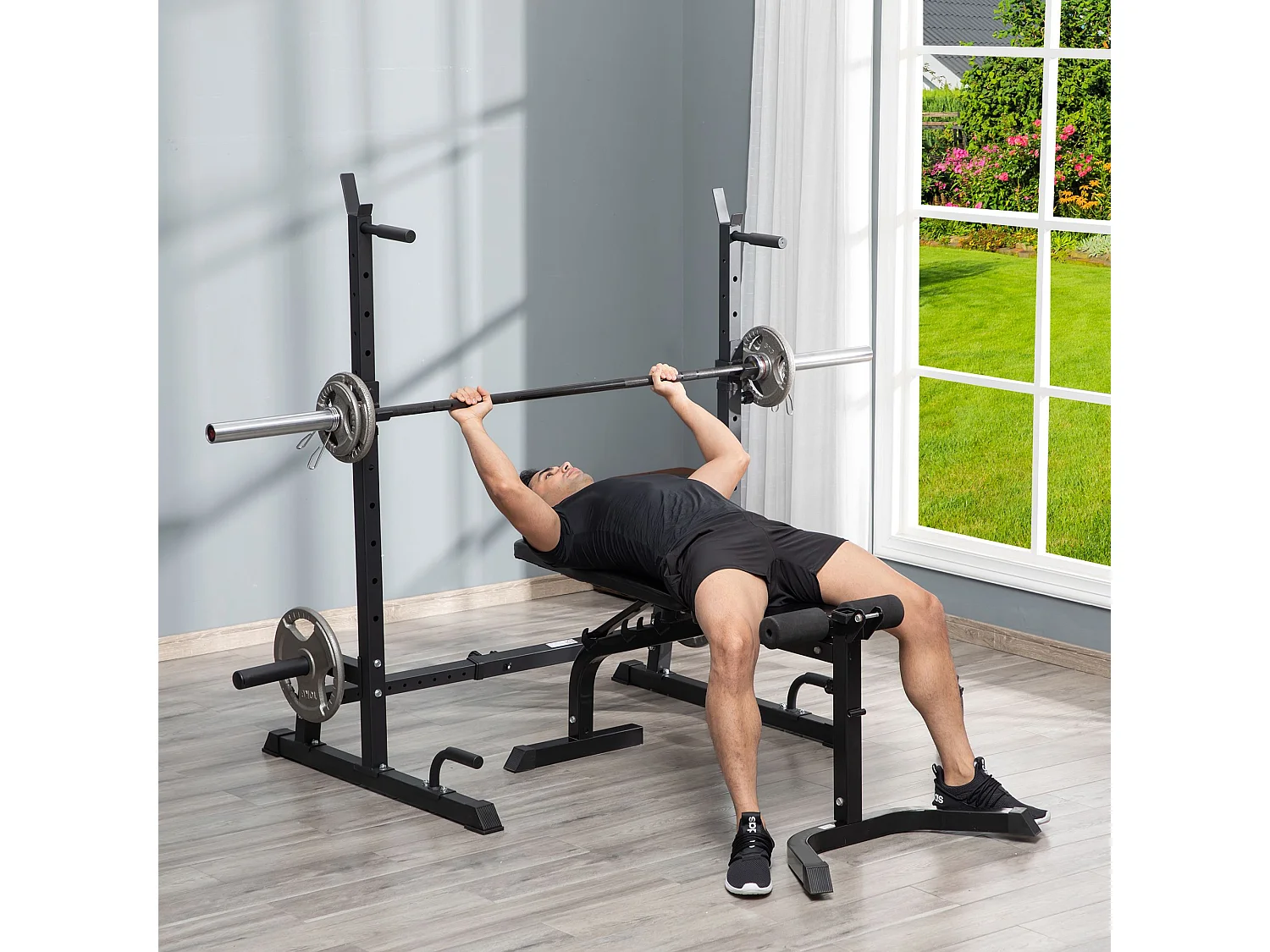 Gravity squat rack - support pour haltères longs - hauteur et longueur réglable - charge max. 150 Kg - acier renforcé noir