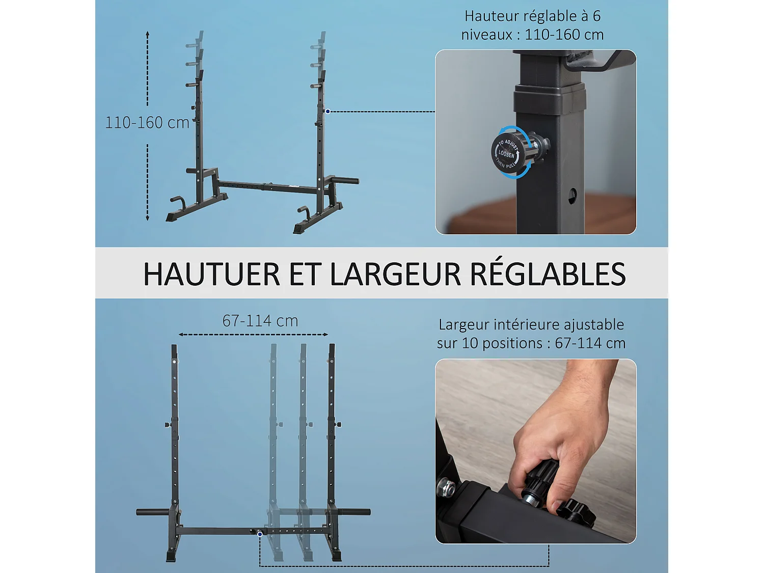 Gravity squat rack - support pour haltères longs - hauteur et longueur réglable - charge max. 150 Kg - acier renforcé noir